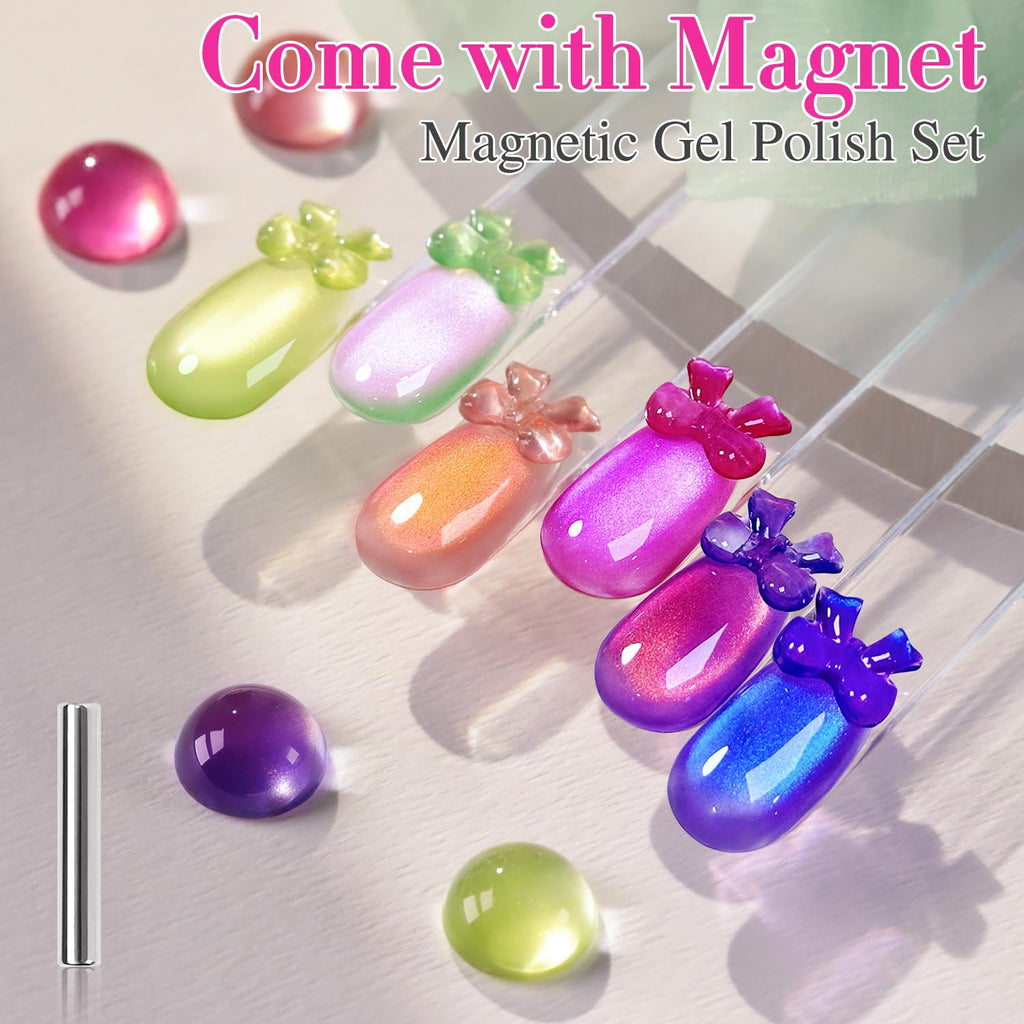 Double Rhythm Fruit Cat Eye Gel Polish Kit – 6x 0.5oz Magnetic Shimmer UV Polish (Glass Rose Pink Green-T6-48)
