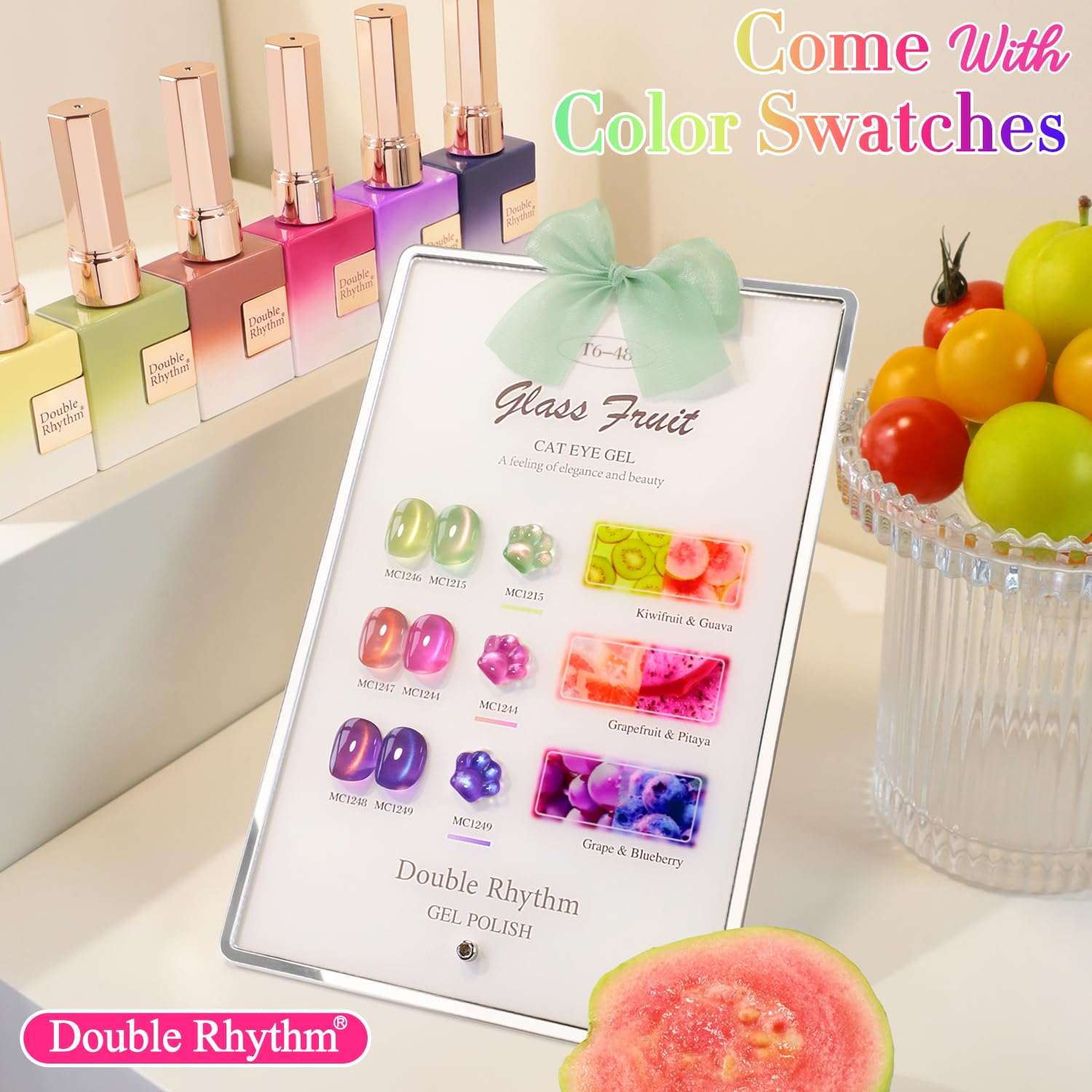 Double Rhythm Fruit Cat Eye Gel Polish Kit – 6x 0.5oz Magnetic Shimmer UV Polish (Glass Rose Pink Green-T6-48)