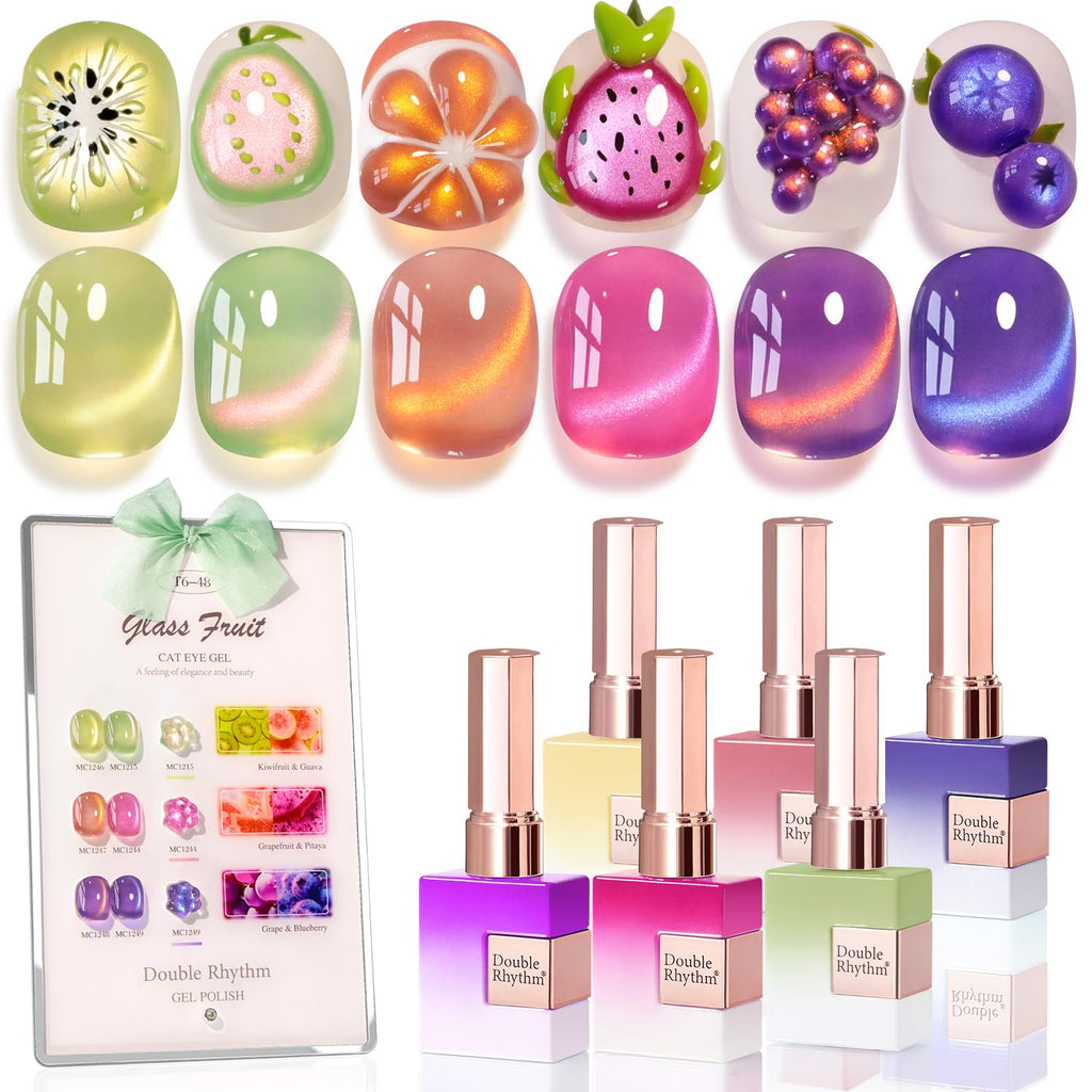 Double Rhythm Fruit Cat Eye Gel Polish Kit – 6x 0.5oz Magnetic Shimmer UV Polish (Glass Rose Pink Green-T6-48)
