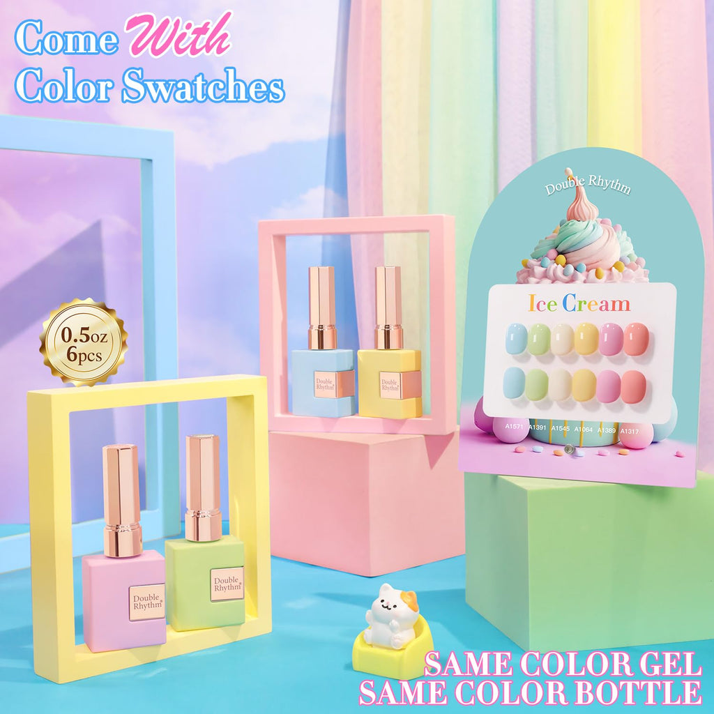 Double Rhythm 6 Pcs 15ml Gel Polish Set – Same Color & Bottle, Soak-Off Kit (Blue/Green/Beige/Yellow/Pink/Orange)
