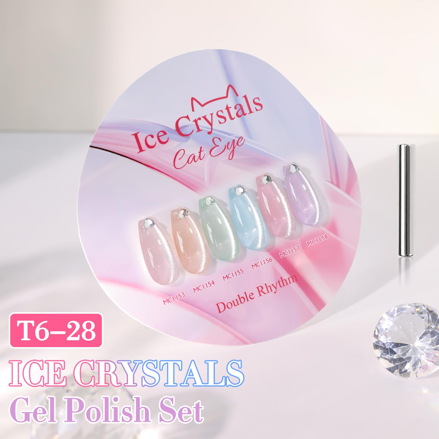Double Rhythm Cat Eye Gel Nail Polish Set — 6 Same-Color 0.5oz Bottles, Magnetic Holographic Glitter Kit (Silver/Nude/Pink/Blue/Purple) - T6-28