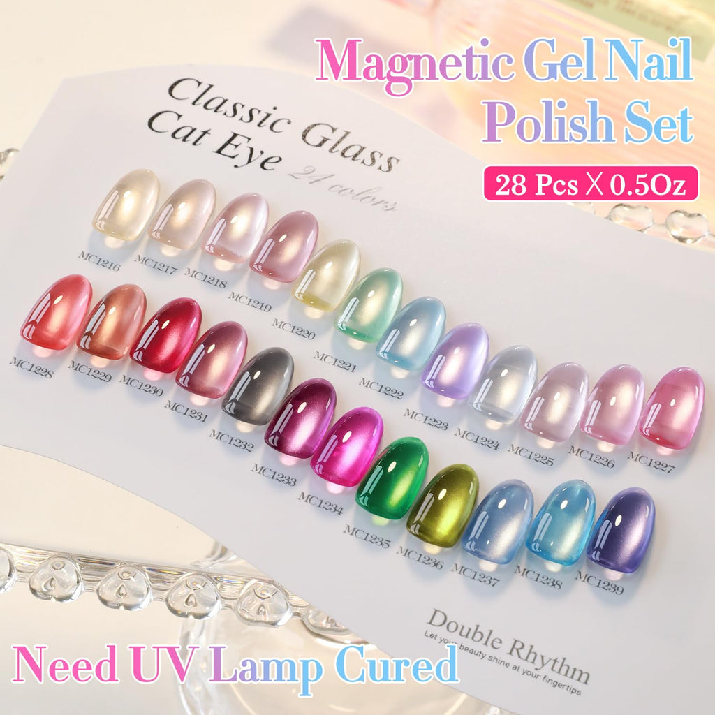 Double Rhythm 28Pcs 0.5oz Glass Cat Eye Gel Nail Polish Kit – All-Season Colors, Soak-Off, DIY Manicure