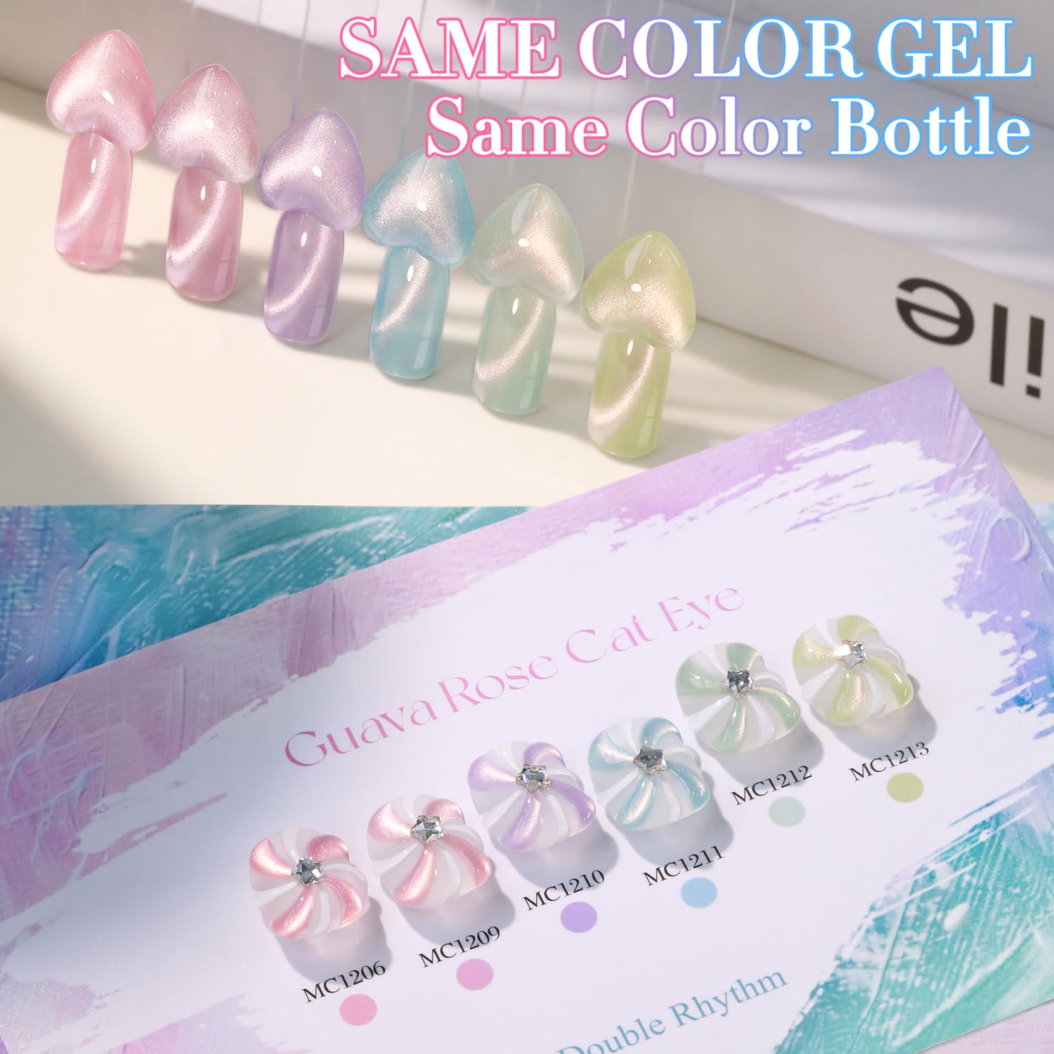 Double Rhythm Cat Eye Gel Nail Polish Set — 6×0.5 oz Magnetic Shimmer Kit (Rose, Green, Pink, Purple) for Home Manicures