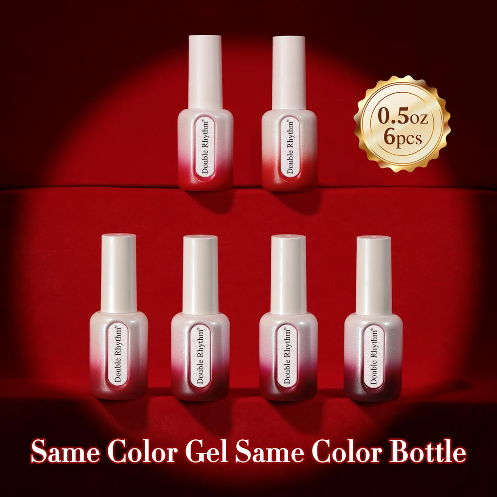 Double Rhythm 6-Piece HEMA-Free Gel Polish Set – 0.50 oz Each, Same Color in Same Bottle, Soak-Off, Neutral Milky Shimmer (Cherry Red Burgundy, H6-4)