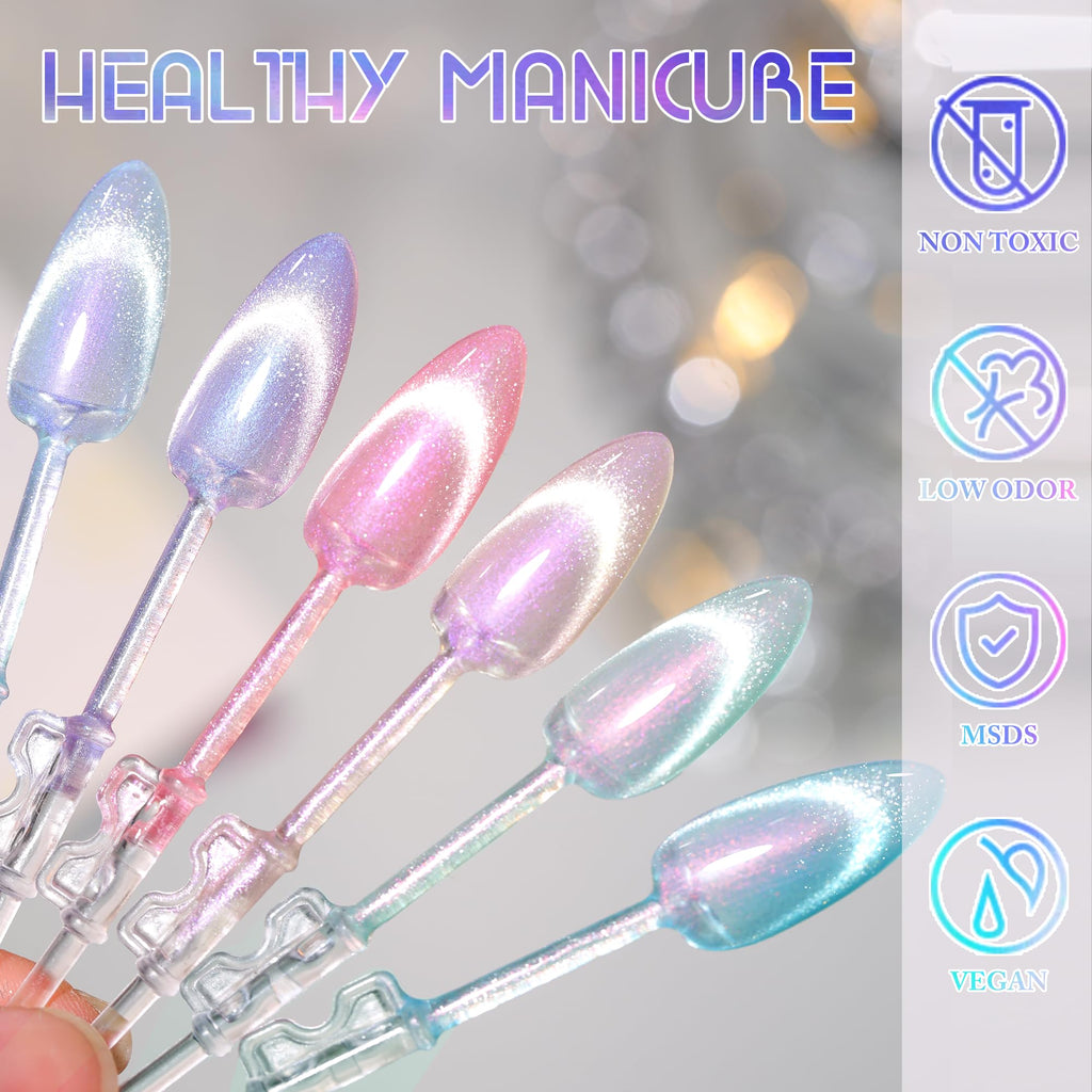 Double Rhythm Cat Eye Gel Polish Set – 6 Colors with Magnetic Holographic Finish