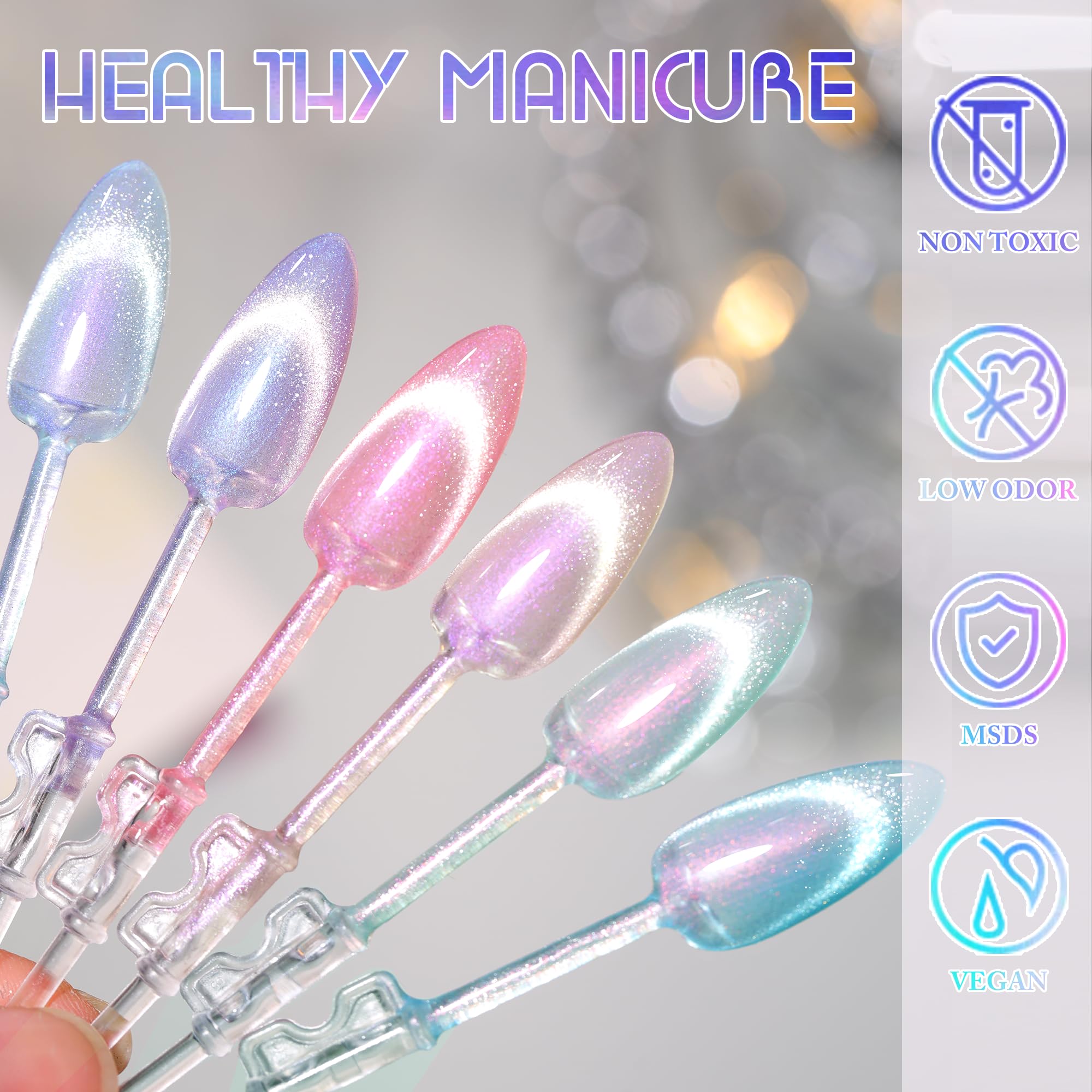 Double Rhythm Cat Eye Gel Polish Set – 6 Colors with Magnetic Holographic Finish