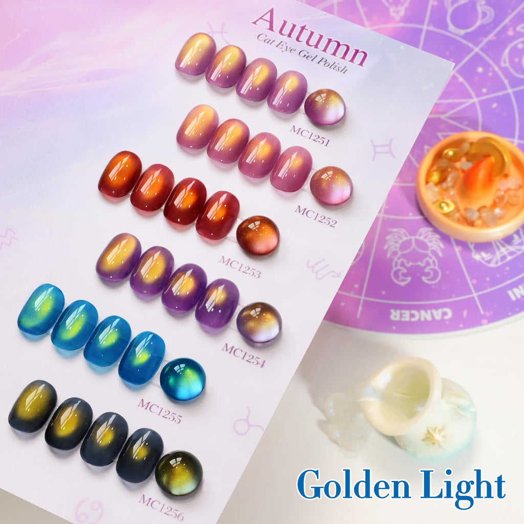 Double Rhythm Cat Eye Gel Nail Polish Set — 6×0.5 oz Bottles, Golden Autumn Brown T6-57