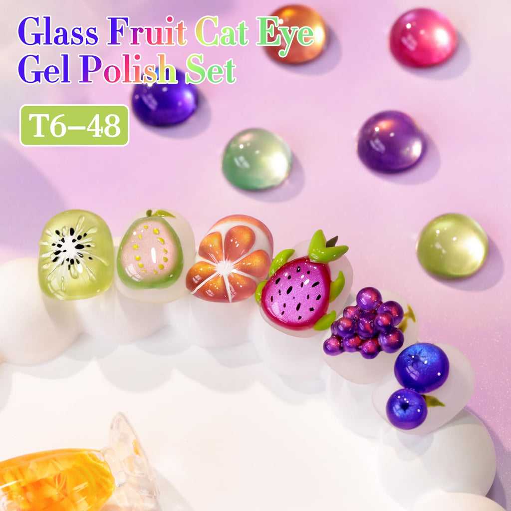 Double Rhythm Fruit Cat Eye Gel Polish Kit – 6x 0.5oz Magnetic Shimmer UV Polish (Glass Rose Pink Green-T6-48)