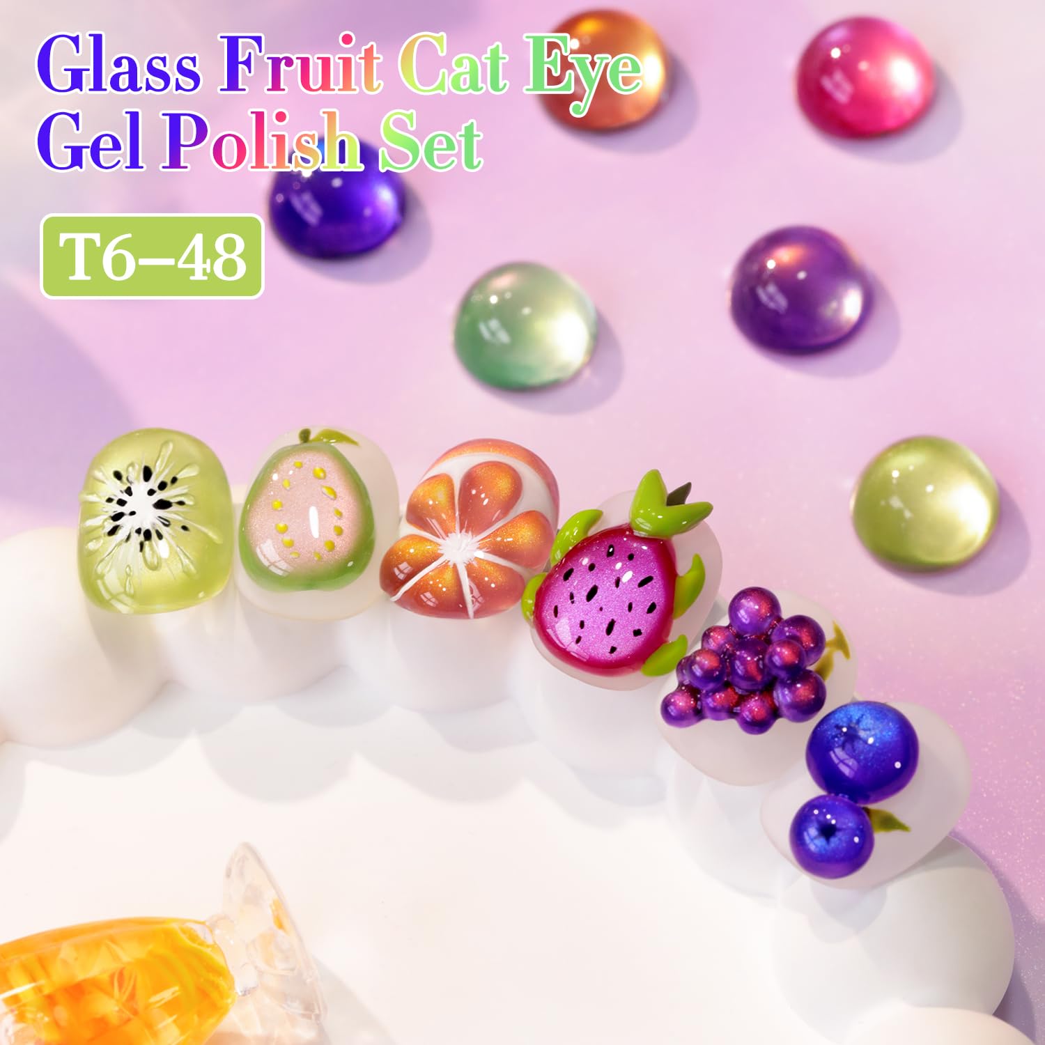 Double Rhythm Fruit Cat Eye Gel Polish Kit – 6x 0.5oz Magnetic Shimmer UV Polish (Glass Rose Pink Green-T6-48)