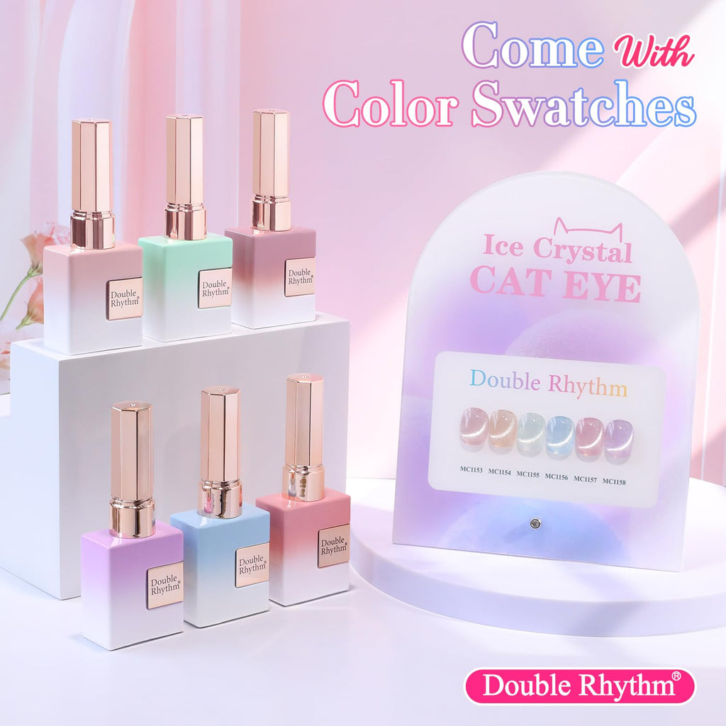 Double Rhythm Cat Eye Gel Nail Polish Set — 6 Same-Color 0.5oz Bottles, Magnetic Holographic Glitter Kit (Silver/Nude/Pink/Blue/Purple) - T6-28