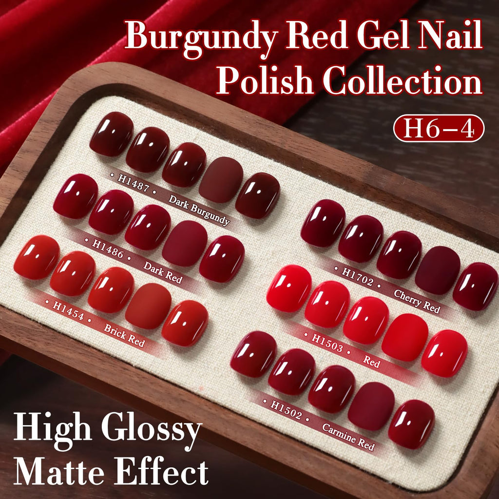 Double Rhythm 6-Piece HEMA-Free Gel Polish Set – 0.50 oz Each, Same Color in Same Bottle, Soak-Off, Neutral Milky Shimmer (Cherry Red Burgundy, H6-4)