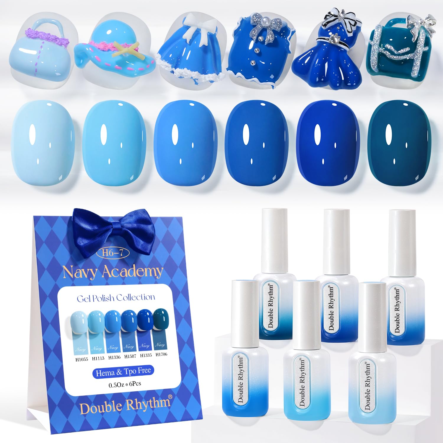 Double Rhythm 6 Pcs HEMA-FREE Gel Polish Set – 0.50 oz Each, Pastel Blue Navy, Soak-Off, DIY Manicure Kit