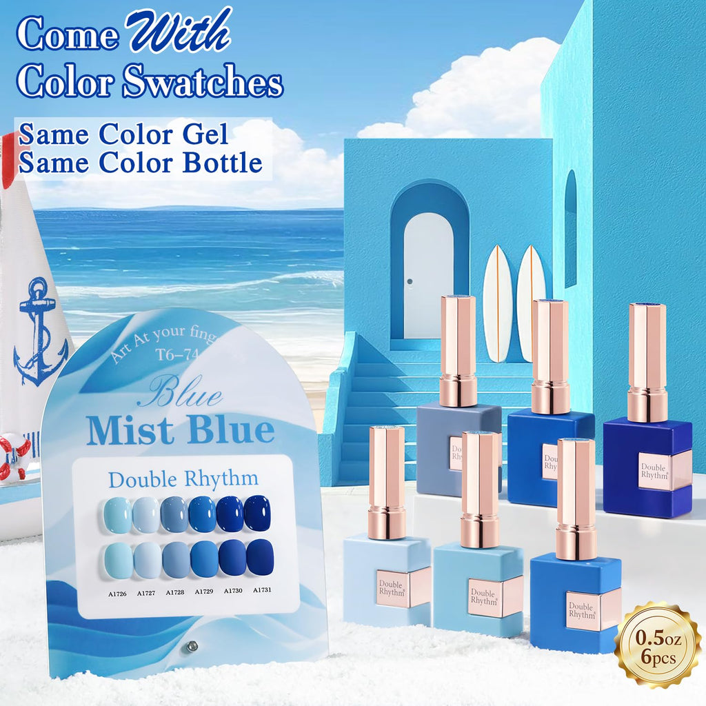 Double Rhythm 6 Pcs 15ml Gel Polish Set in Pale Dark Midnight Blue | Soak-Off Gel Polish Kit for DIY Manicure