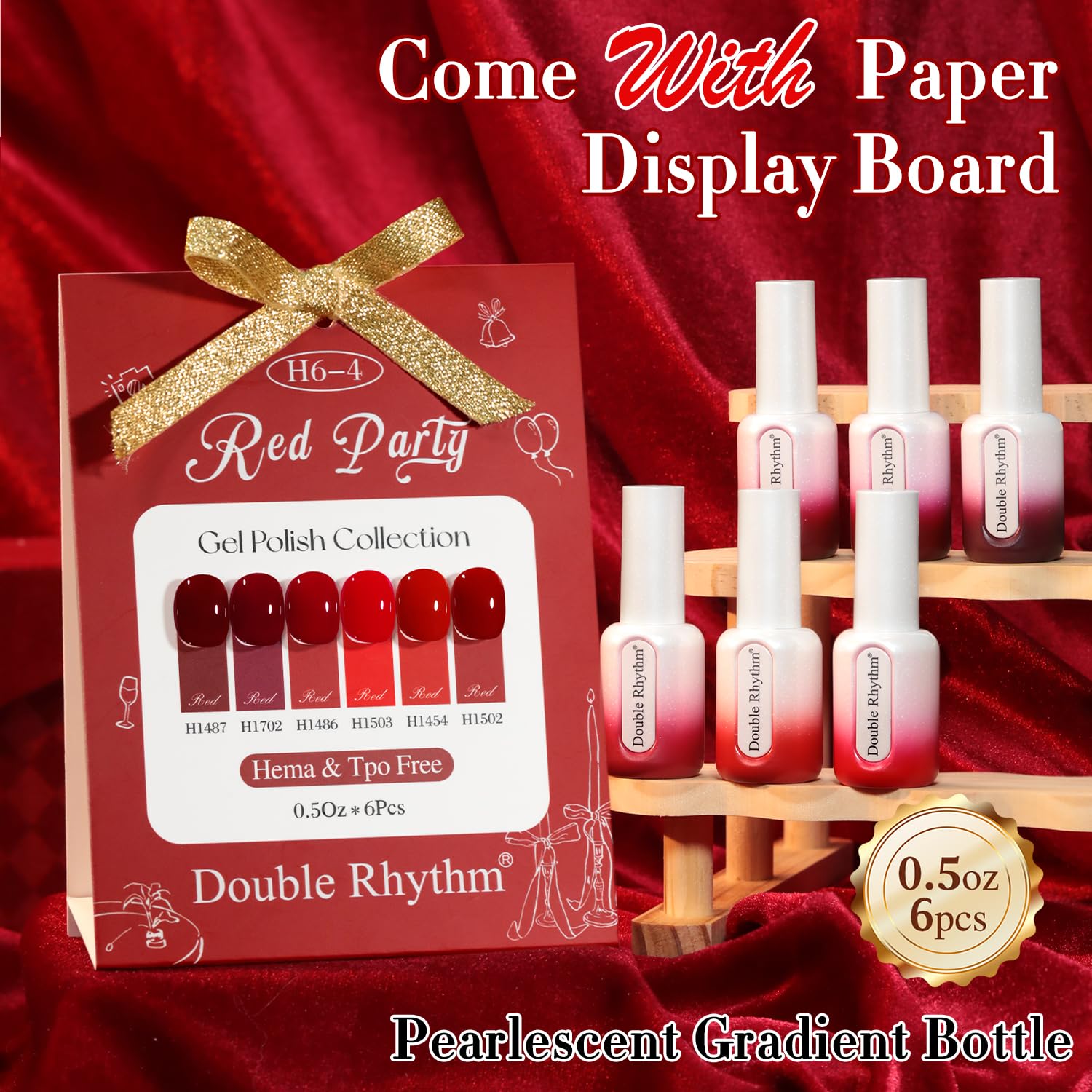 Double Rhythm 6-Piece HEMA-Free Gel Polish Set – 0.50 oz Each, Same Color in Same Bottle, Soak-Off, Neutral Milky Shimmer (Cherry Red Burgundy, H6-4)