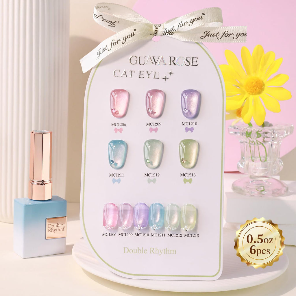 Double Rhythm Cat Eye Gel Nail Polish Set — 6×0.5 oz Magnetic Shimmer Kit (Rose, Green, Pink, Purple) for Home Manicures