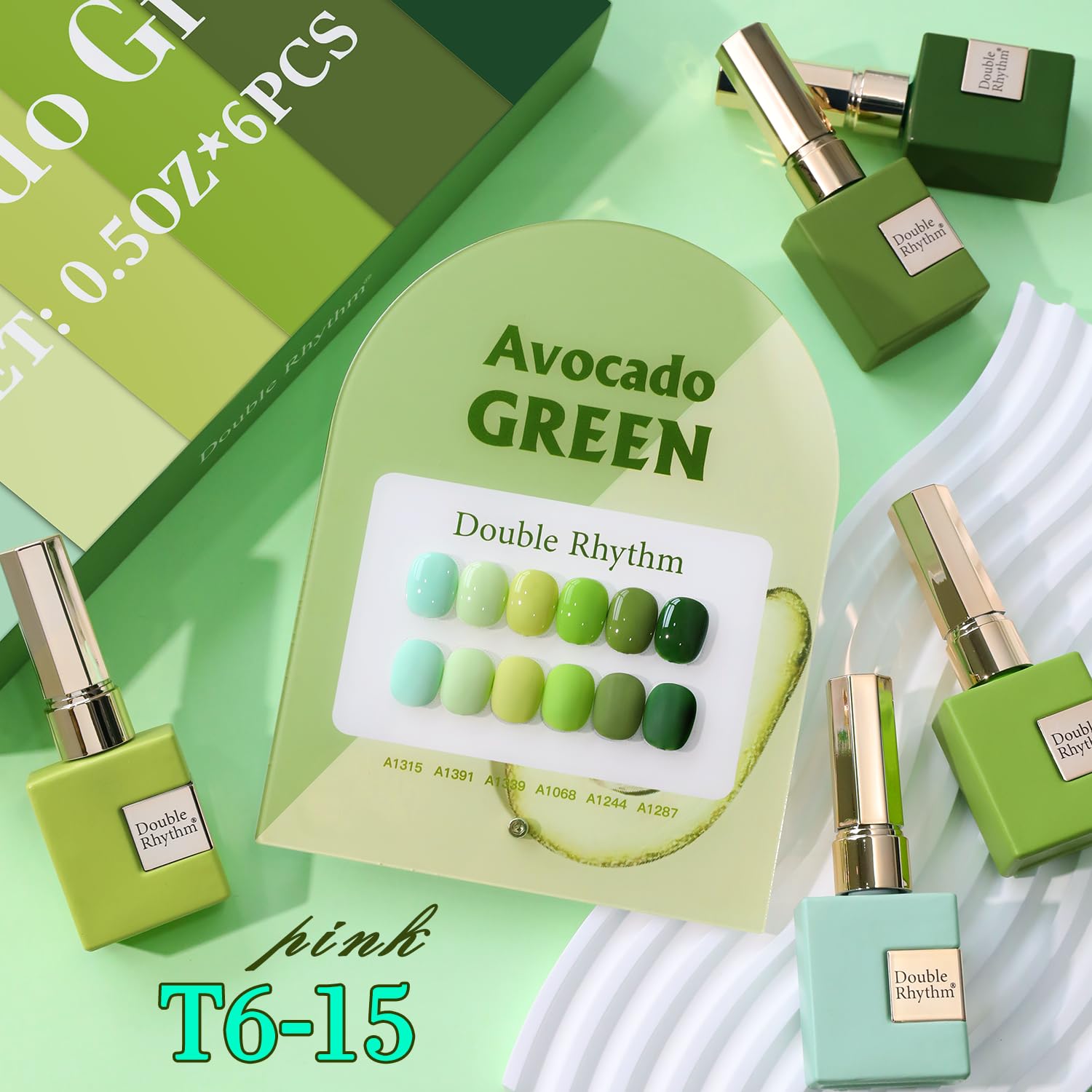 Double Rhythm 6 Pcs Gel Polish Set – 15ml Each in Light Dark Green Olive Teal