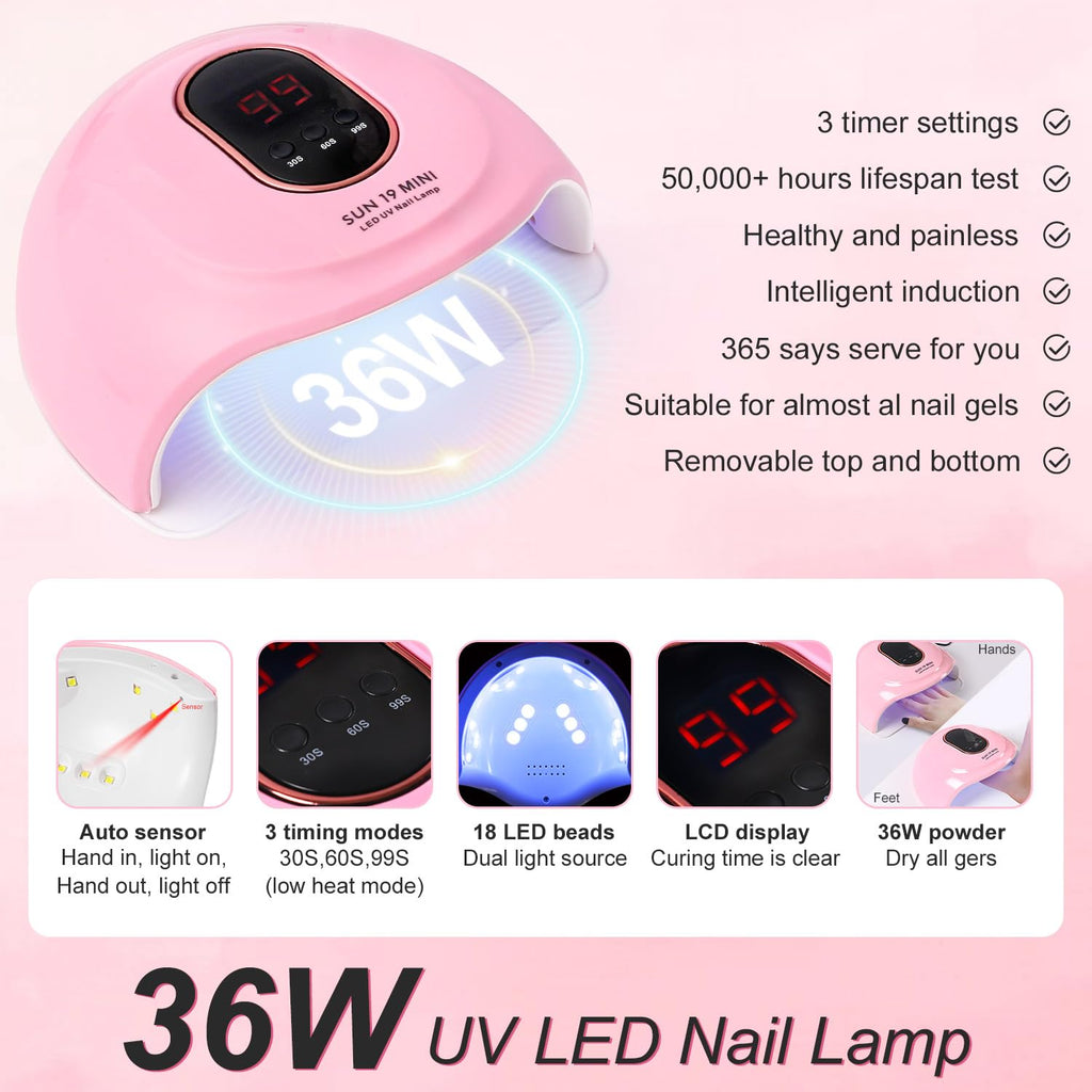 DouborQ Acrylic Nail Kit with Monomer, 6 Glitter Colors, UV Lamp – Beginner Friendly (Pink)