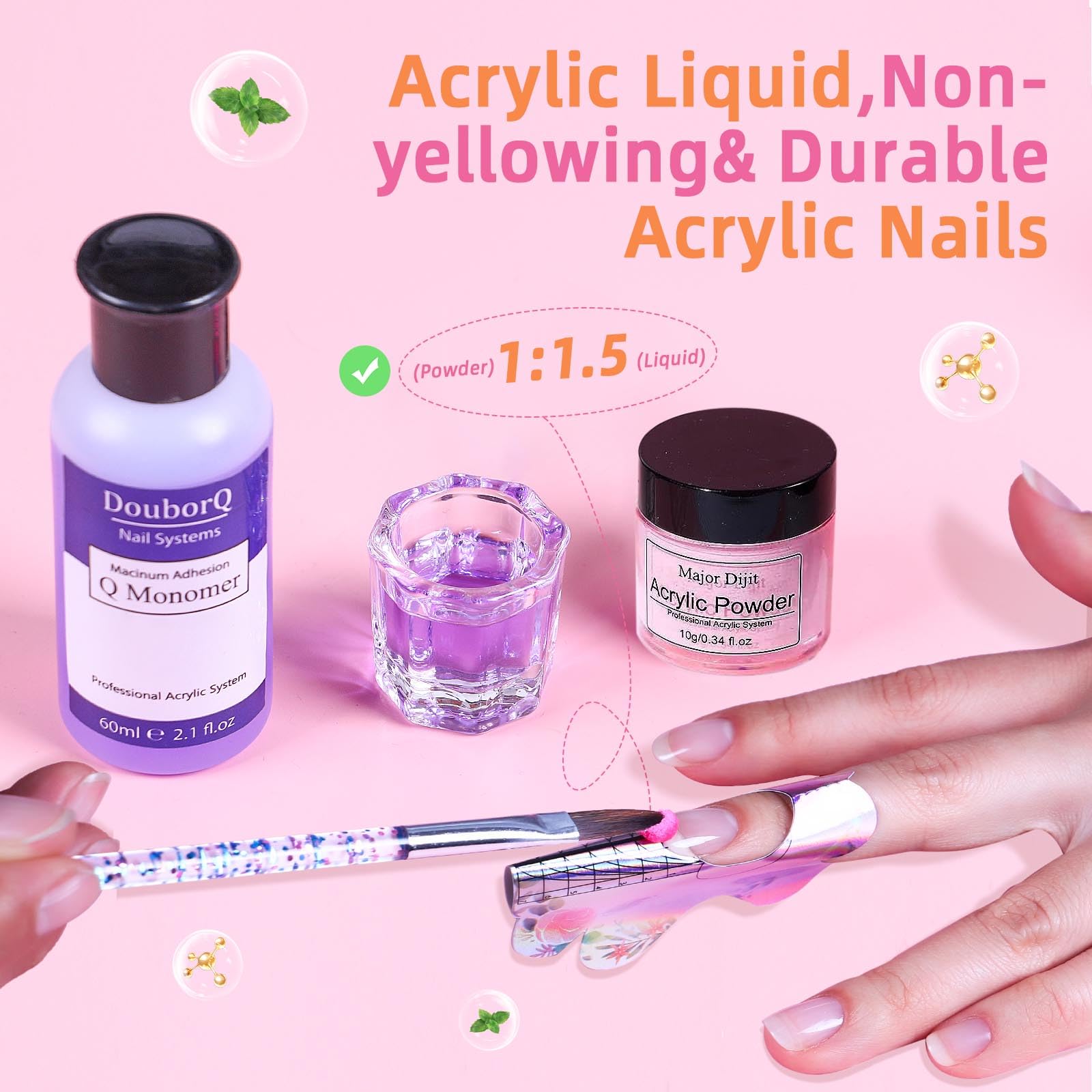 DouborQ Acrylic Nail Kit with Monomer, 6 Glitter Colors, UV Lamp – Beginner Friendly (Pink)