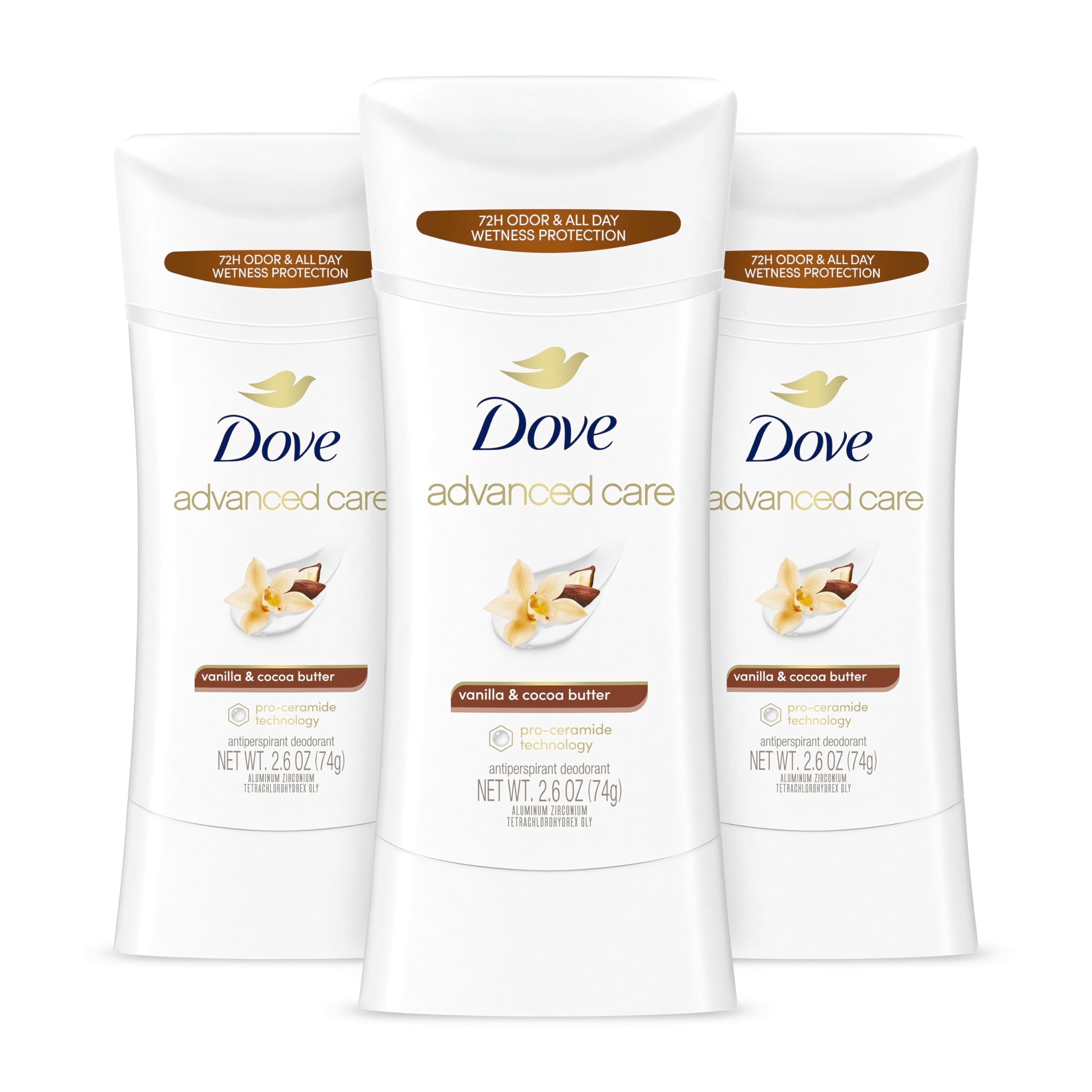Dove Advanced Care Vanilla & Cocoa Butter Antiperspirant Deodorant Stick – 3 Count, 72-Hour Odor Control & All-Day Sweat Protection (2.6 oz each)