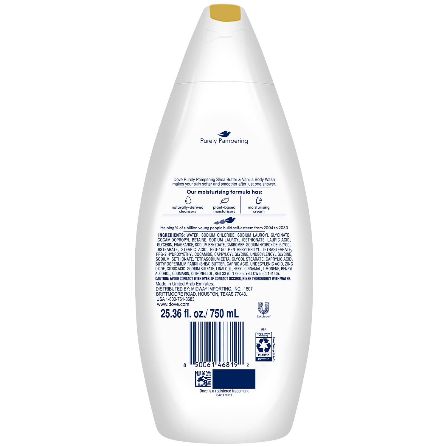 Dove Body Wash 6-Pack – Purely Pampering Shea Butter & Warm Vanilla, 25.4 oz Each