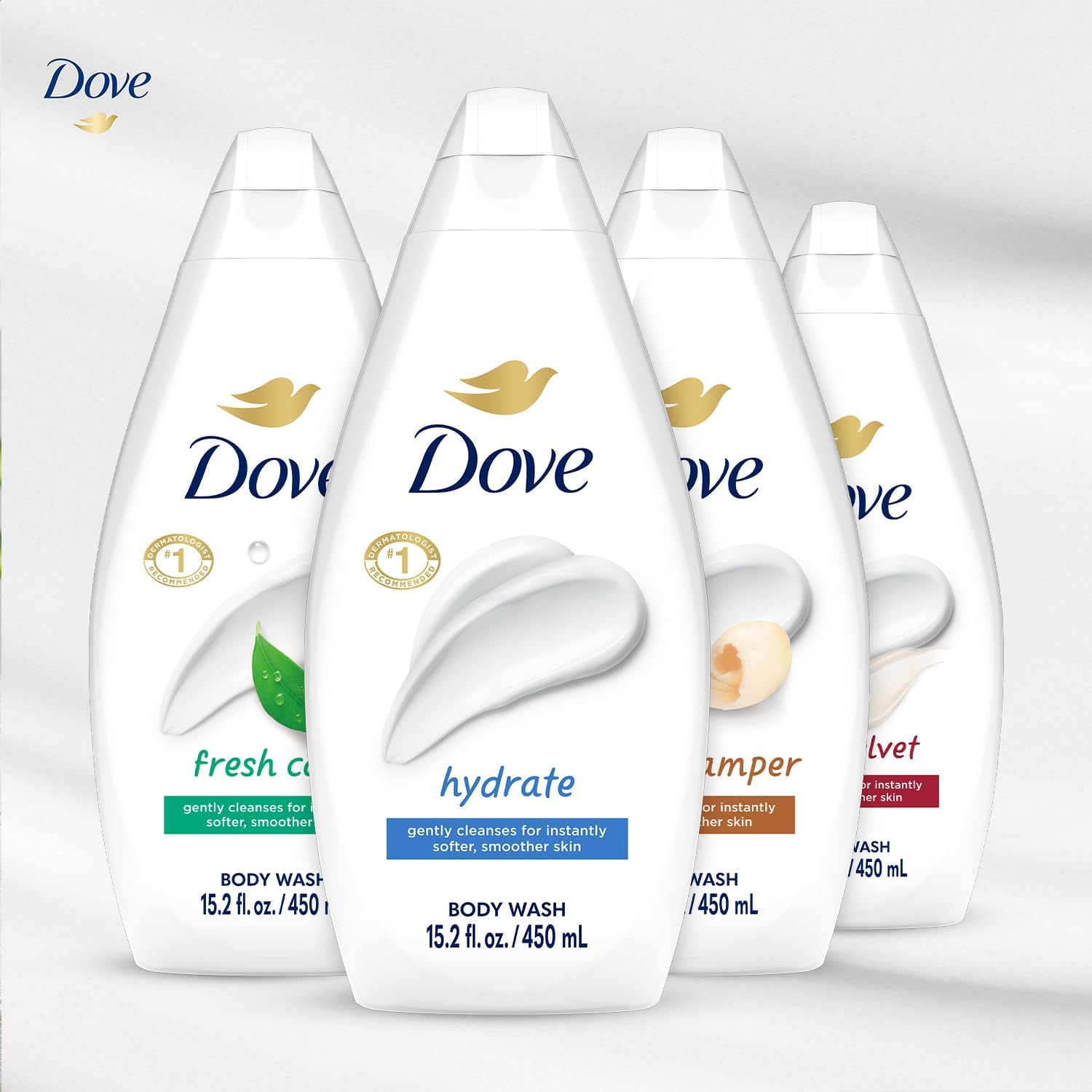 Dove Body Wash Variety 6-Pack – Hydrate, Gentle Pamper, Fresh Care & Silky Velvet 15.2 oz Each