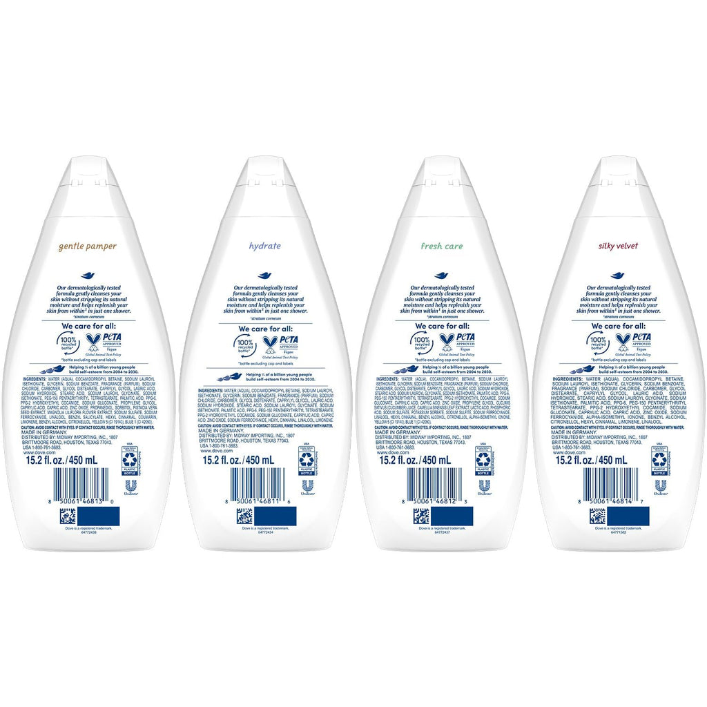 Dove Body Wash Variety 6-Pack – Hydrate, Gentle Pamper, Fresh Care & Silky Velvet 15.2 oz Each