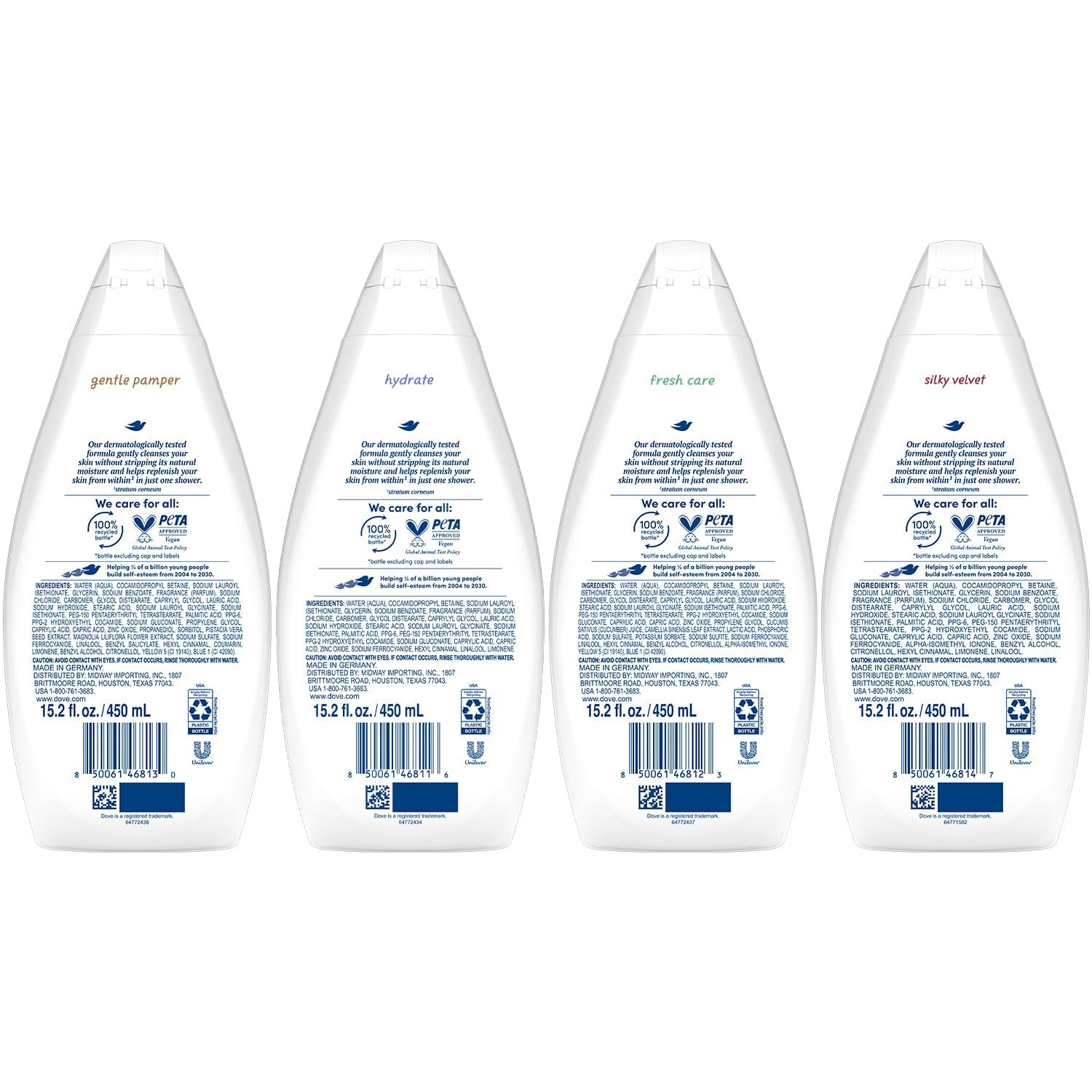Dove Body Wash Variety 6-Pack – Hydrate, Gentle Pamper, Fresh Care & Silky Velvet 15.2 oz Each