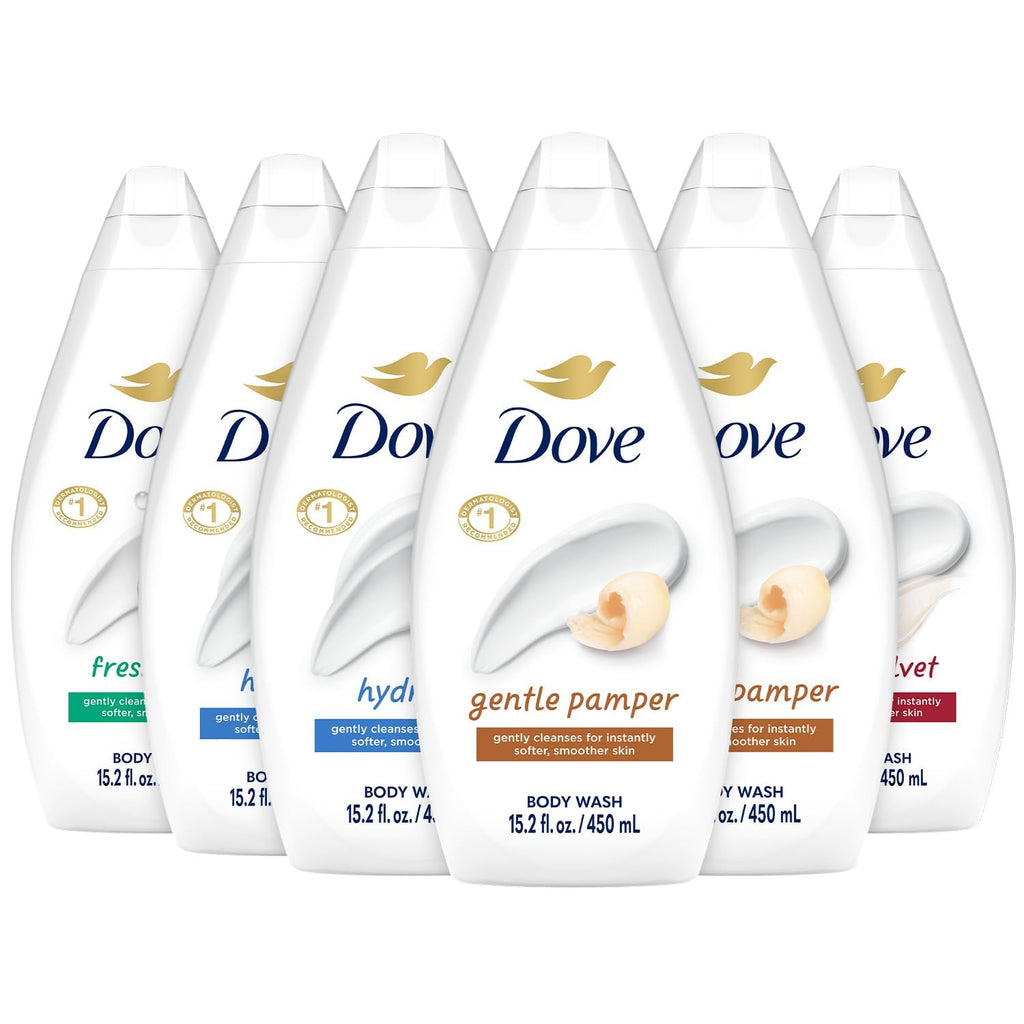 Dove Body Wash Variety 6-Pack – Hydrate, Gentle Pamper, Fresh Care & Silky Velvet 15.2 oz Each