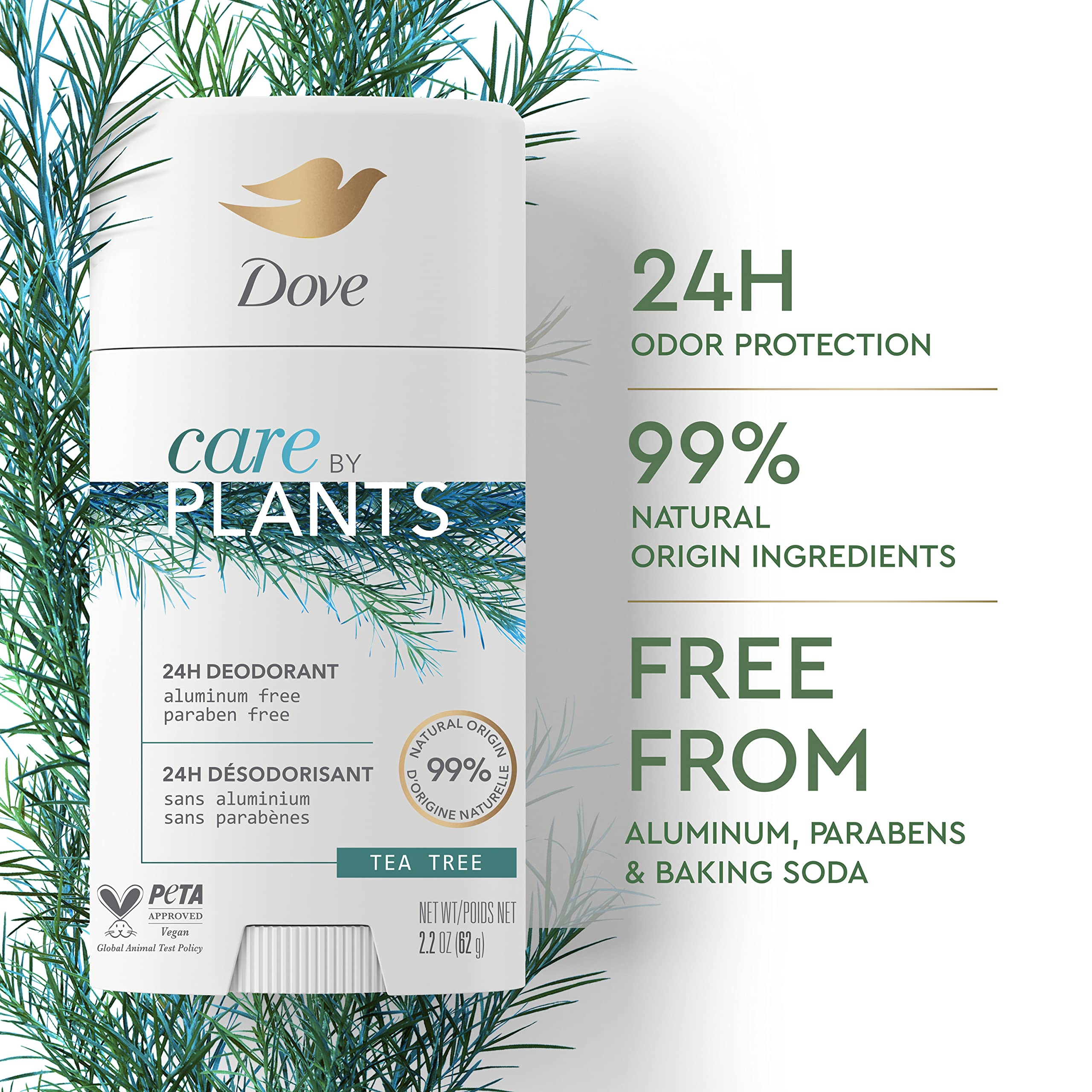 Dove Care by Plants Tea Tree Deodorant Stick — Aluminum-Free, 24h Odor Protection (3 x 2.6 oz)