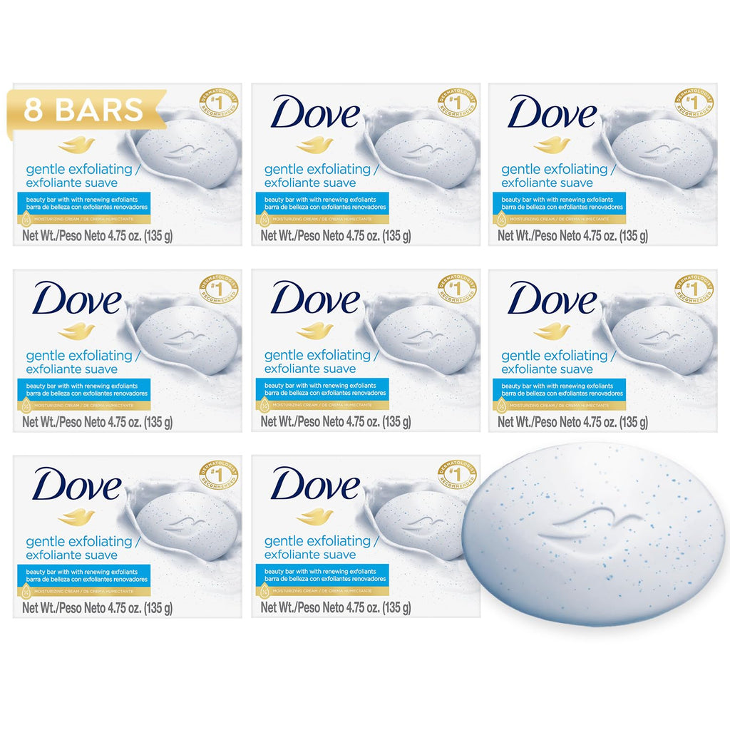 Dove Gentle Exfoliating Beauty Bar 8-Pack – 3-in-1 Moisturizing Face, Body & Hand Soap, 4.75 oz Each