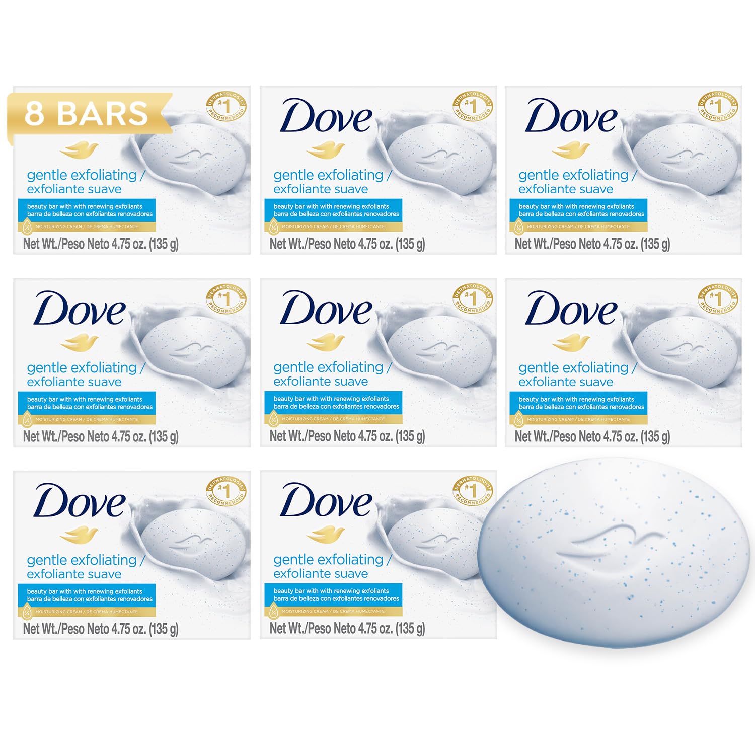 Dove Gentle Exfoliating Beauty Bar 8-Pack – 3-in-1 Moisturizing Face, Body & Hand Soap, 4.75 oz Each