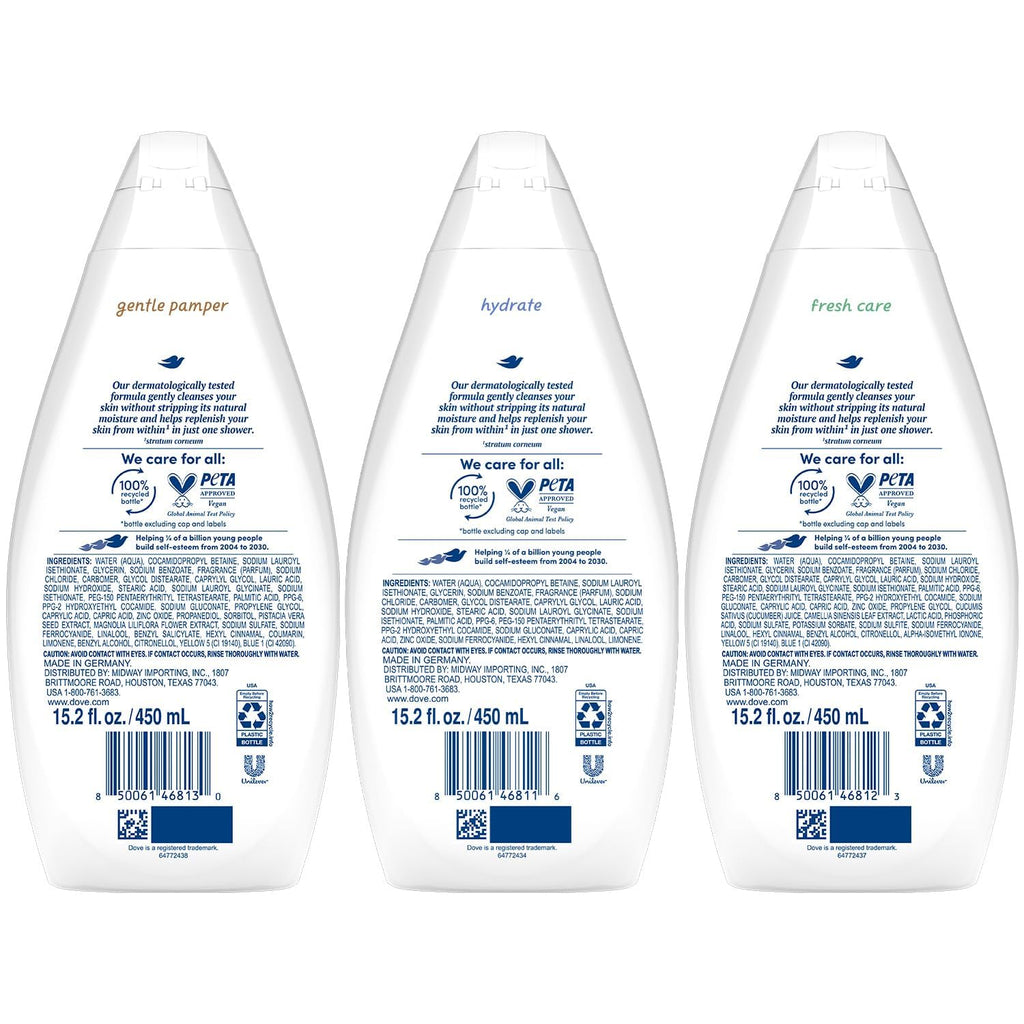 Dove Body Wash Variety 3-Pack – Hydrate, Gentle Pamper & Fresh Care (15.22 oz each)