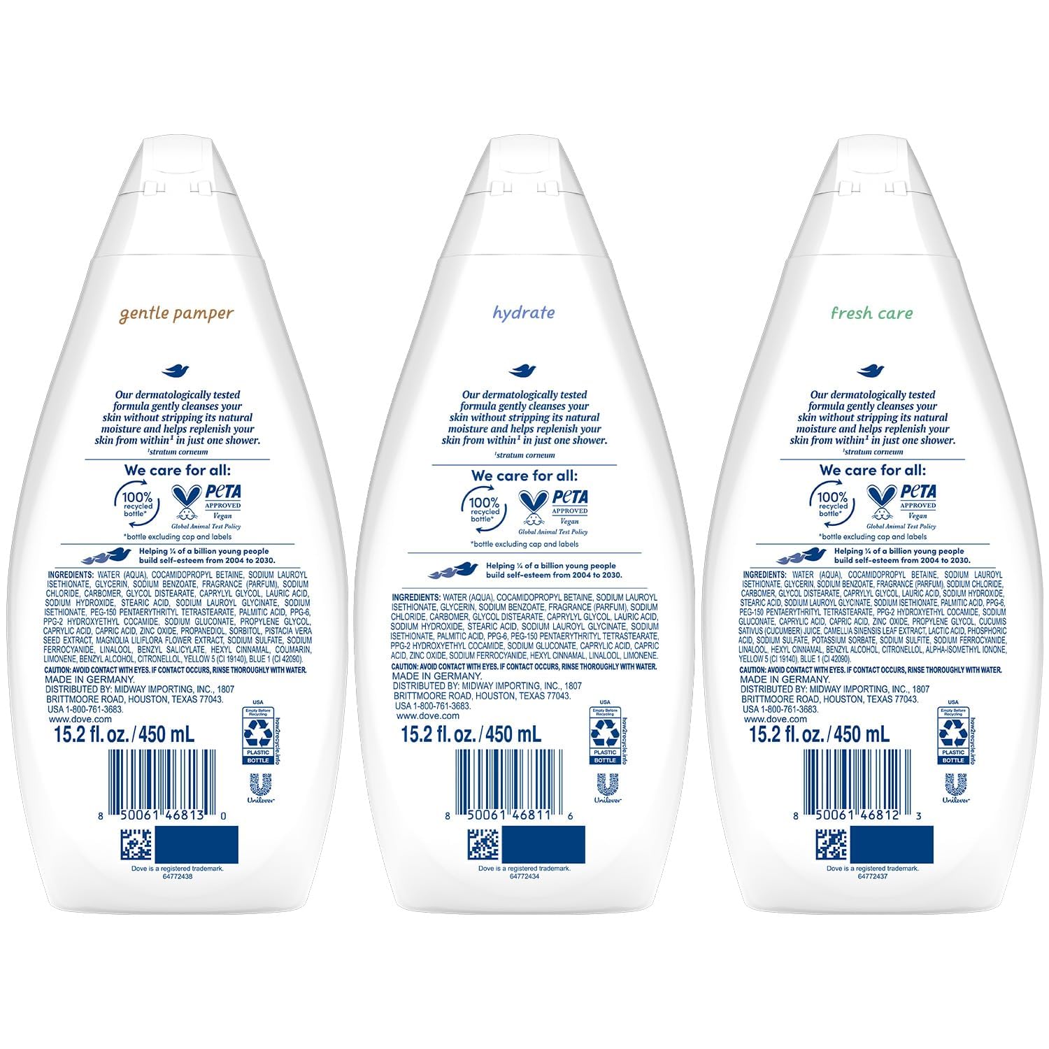 Dove Body Wash Variety 3-Pack – Hydrate, Gentle Pamper & Fresh Care (15.22 oz each)