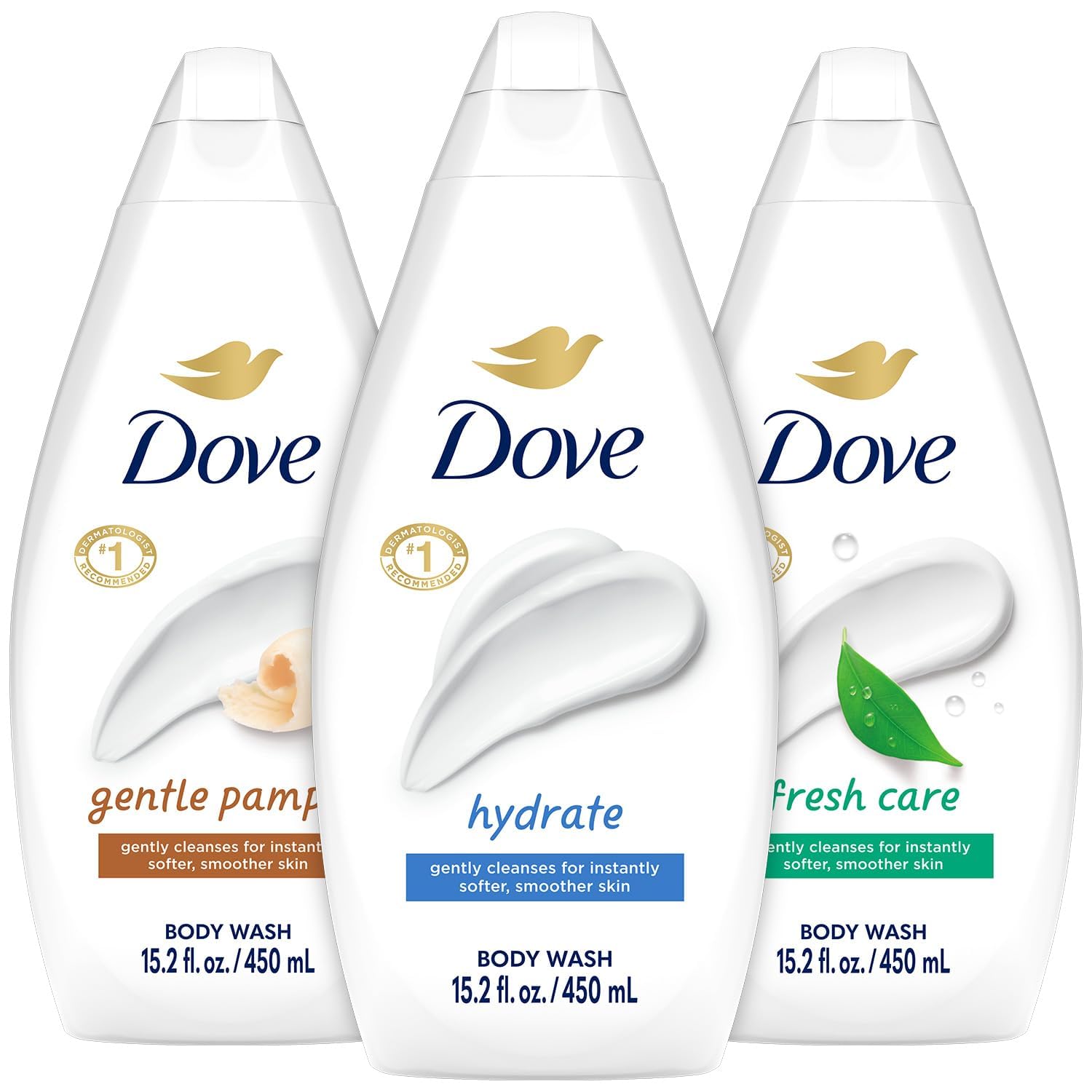 Dove Body Wash Variety 3-Pack – Hydrate, Gentle Pamper & Fresh Care (15.22 oz each)