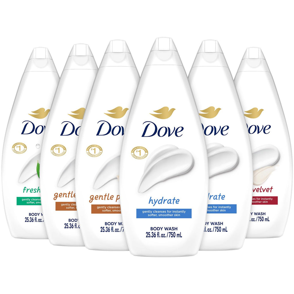 Dove Body Wash 6-Pack Value Variety – Hydrate, Gentle Pamper, Fresh Care, Silky Velvet | Family Size 25.36 oz