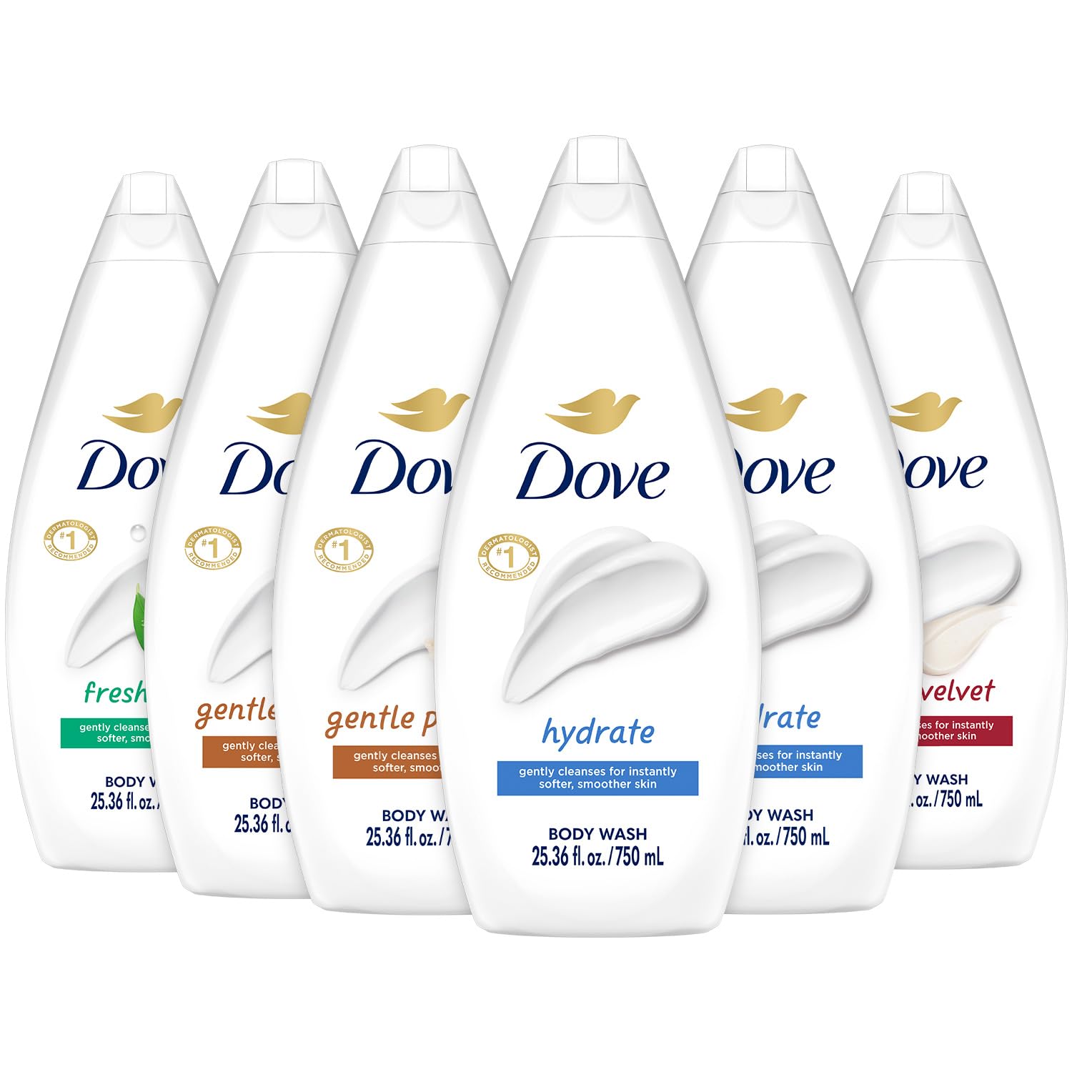 Dove Body Wash 6-Pack Value Variety – Hydrate, Gentle Pamper, Fresh Care, Silky Velvet | Family Size 25.36 oz