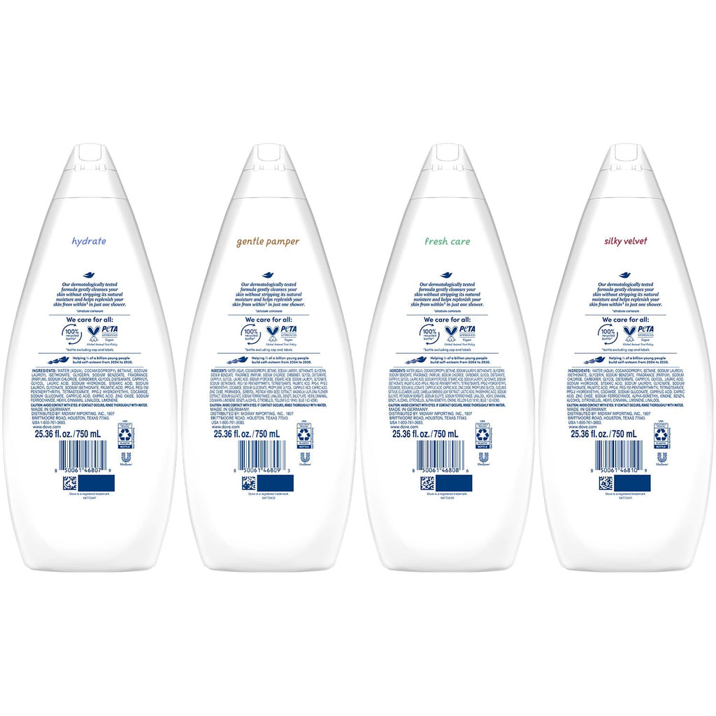 Dove Body Wash 6-Pack Value Variety – Hydrate, Gentle Pamper, Fresh Care, Silky Velvet | Family Size 25.36 oz