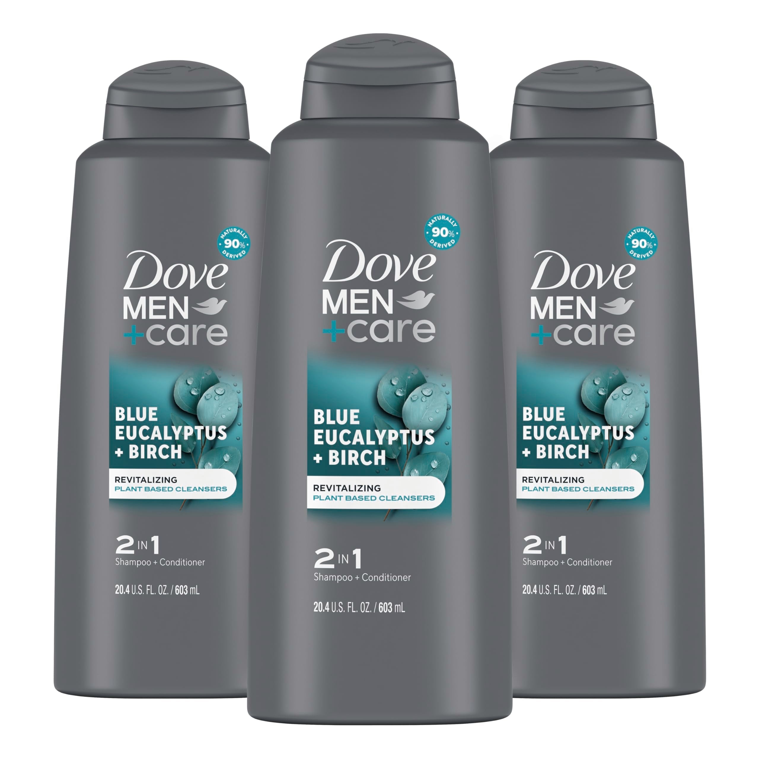 DOVE MEN + CARE 2 in 1 Shampoo Conditioner Body Wash Eucalyptus + Birch – 3 Count (20.4 oz each)