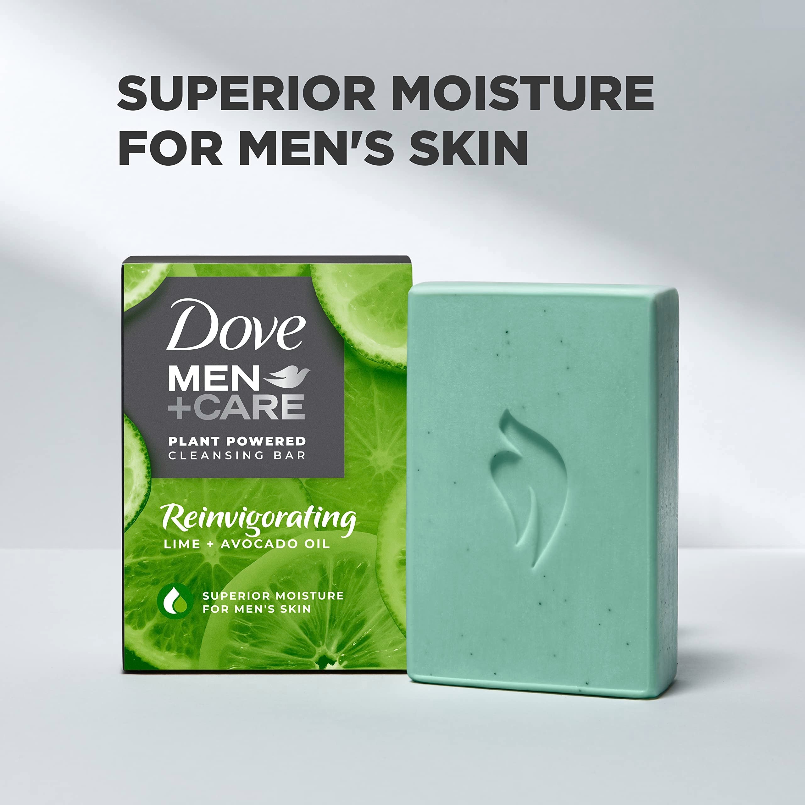 DOVE MEN + CARE Plant-Powered Reinvigorating Bar – Lime & Avocado Oil, 4-in-1 Hydrating Cleanser (5 oz x4)
