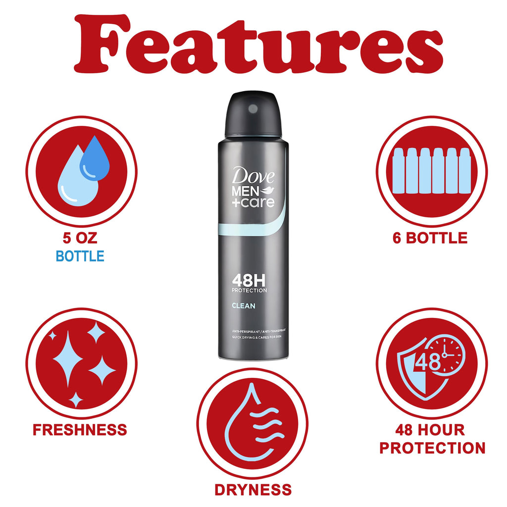 Dove Men+Care Classic Antiperspirant Spray – 6-Pack, 48-Hour Sweat & Odor Protection