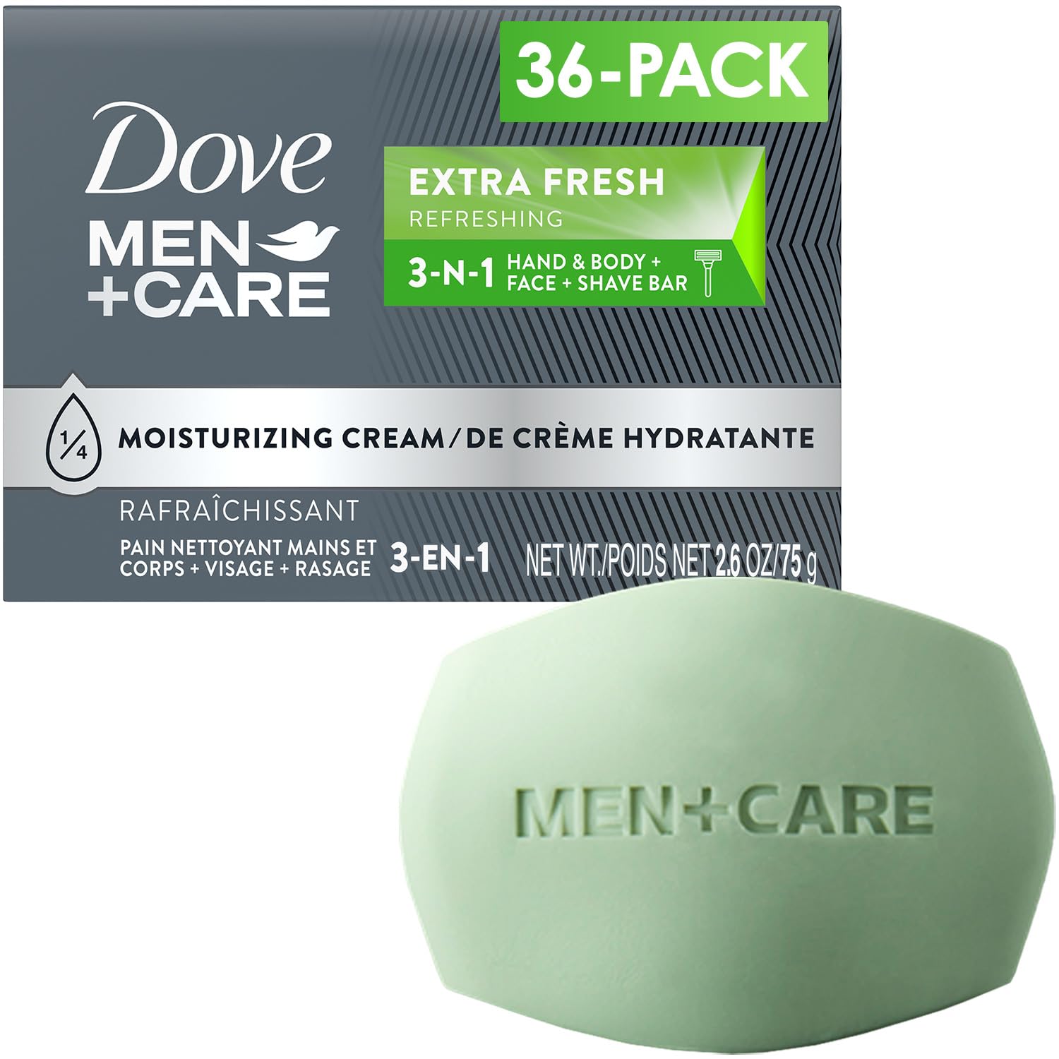 Dove Men+Care Extra Fresh Soap Bar — Hydrating 3-in-1 Cleanser for Men (36-Pack, 2.6 oz each)