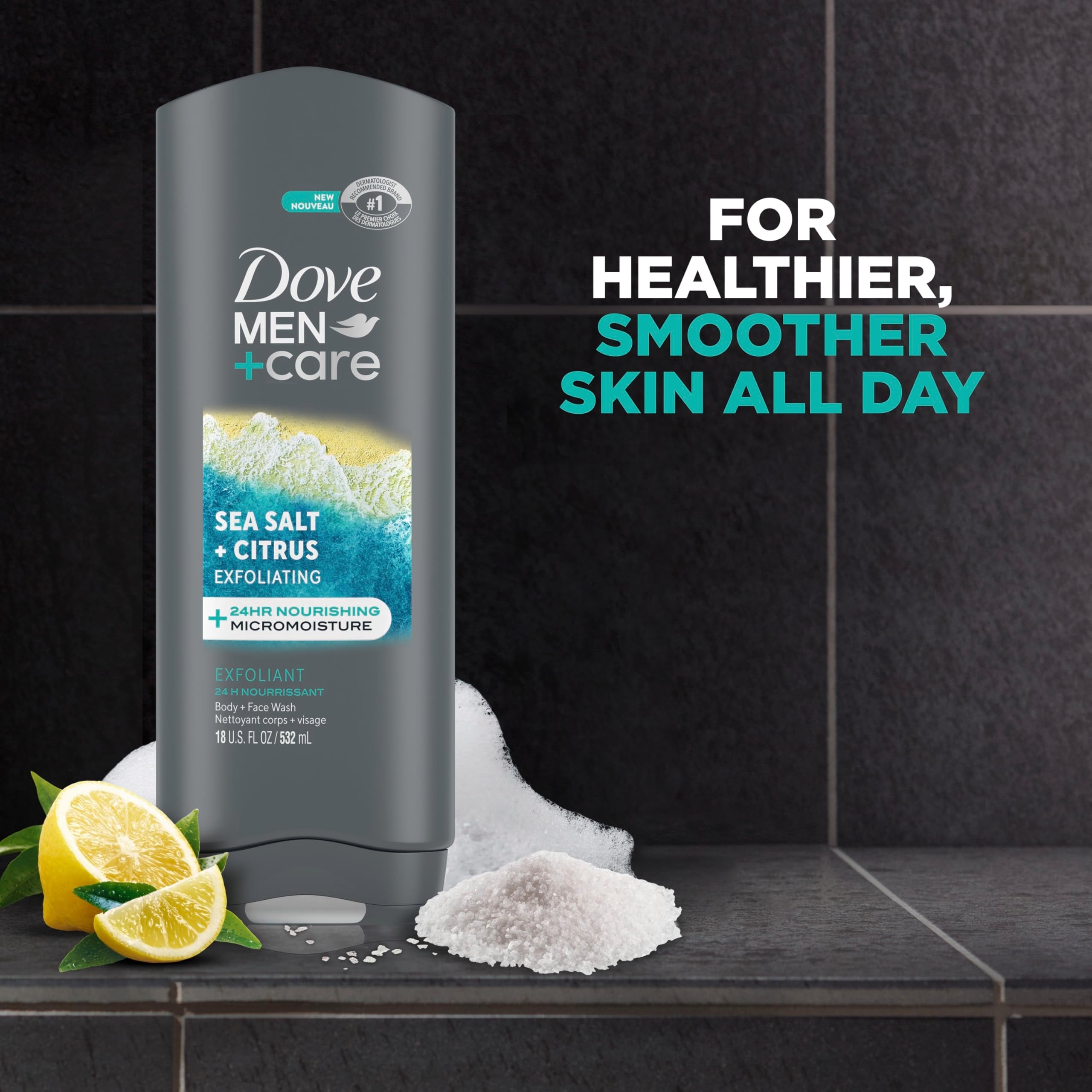 DOVE MEN + CARE Exfoliating Sea Salt + Citrus Body & Face Wash – 4-Count (18 fl oz each)