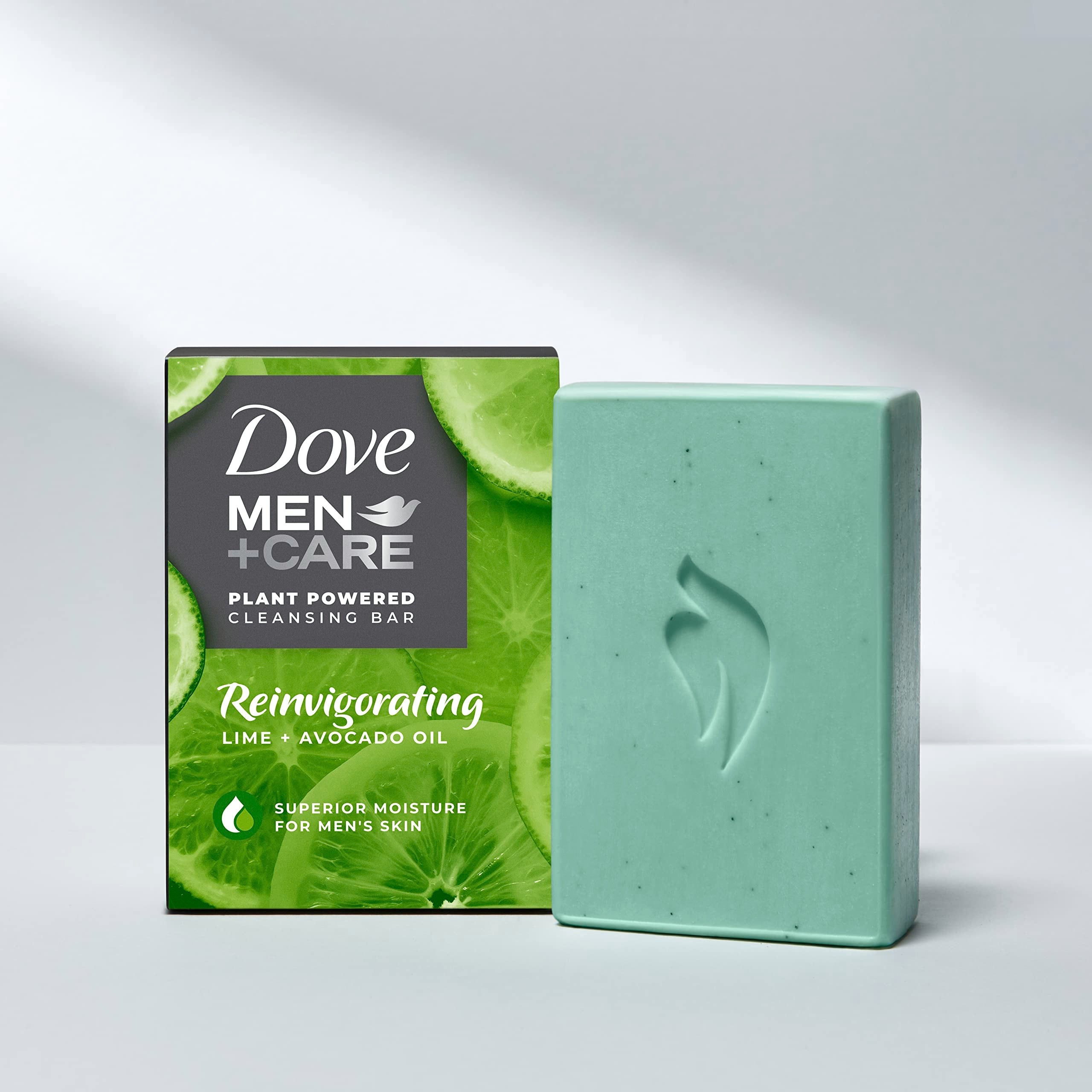 DOVE MEN + CARE Plant-Powered Reinvigorating Bar – Lime & Avocado Oil, 4-in-1 Hydrating Cleanser (5 oz x4)