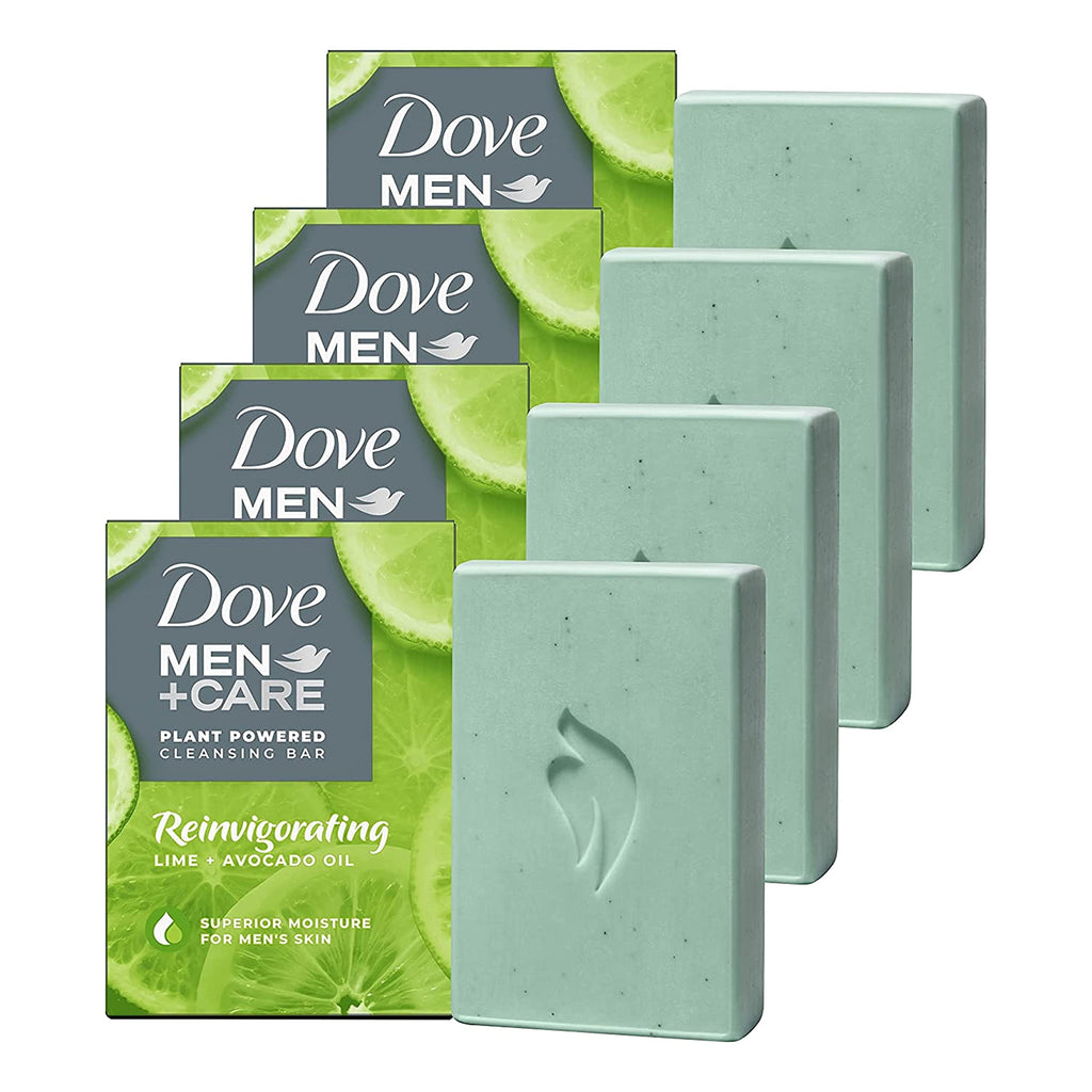 DOVE MEN + CARE Plant-Powered Reinvigorating Bar – Lime & Avocado Oil, 4-in-1 Hydrating Cleanser (5 oz x4)