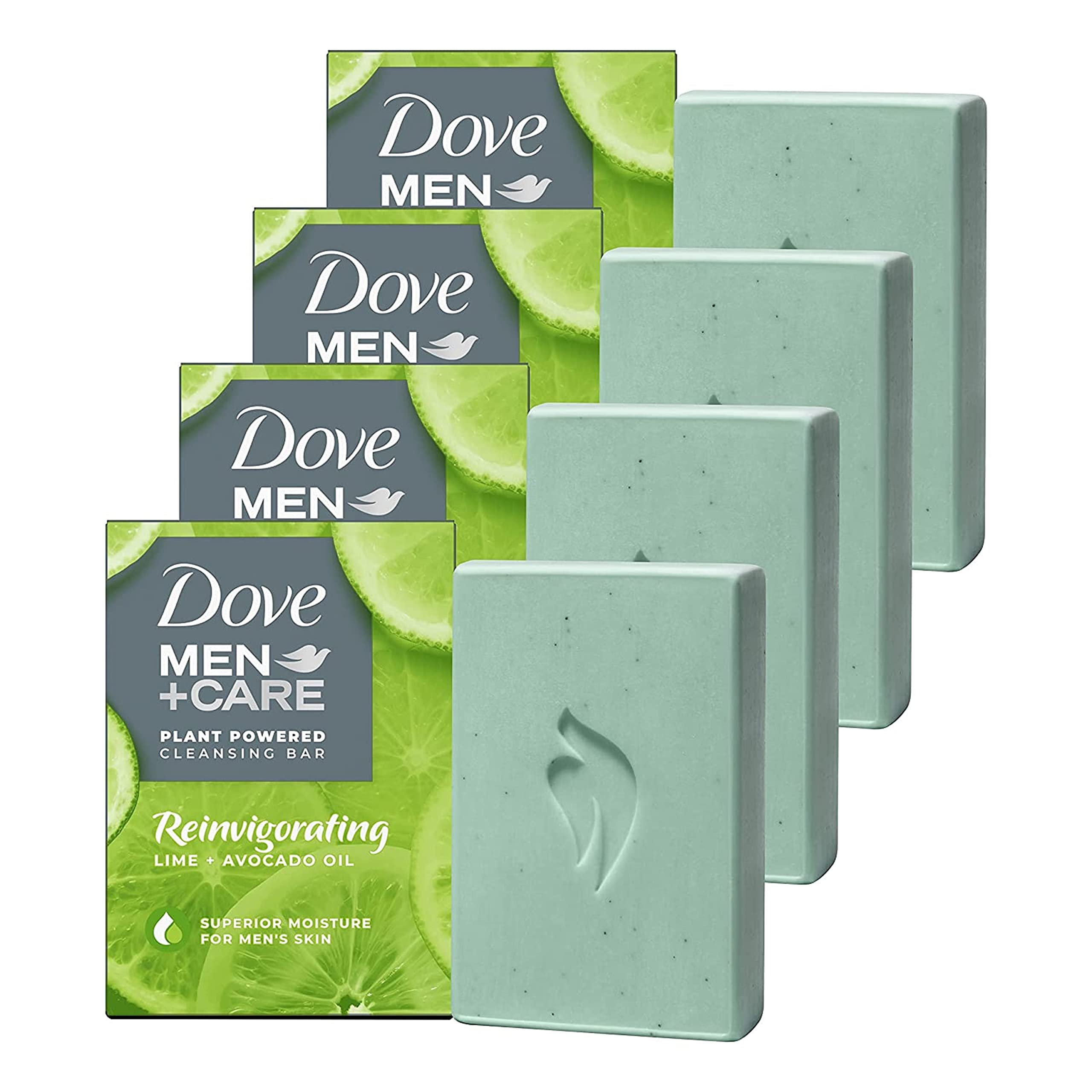 DOVE MEN + CARE Plant-Powered Reinvigorating Bar – Lime & Avocado Oil, 4-in-1 Hydrating Cleanser (5 oz x4)