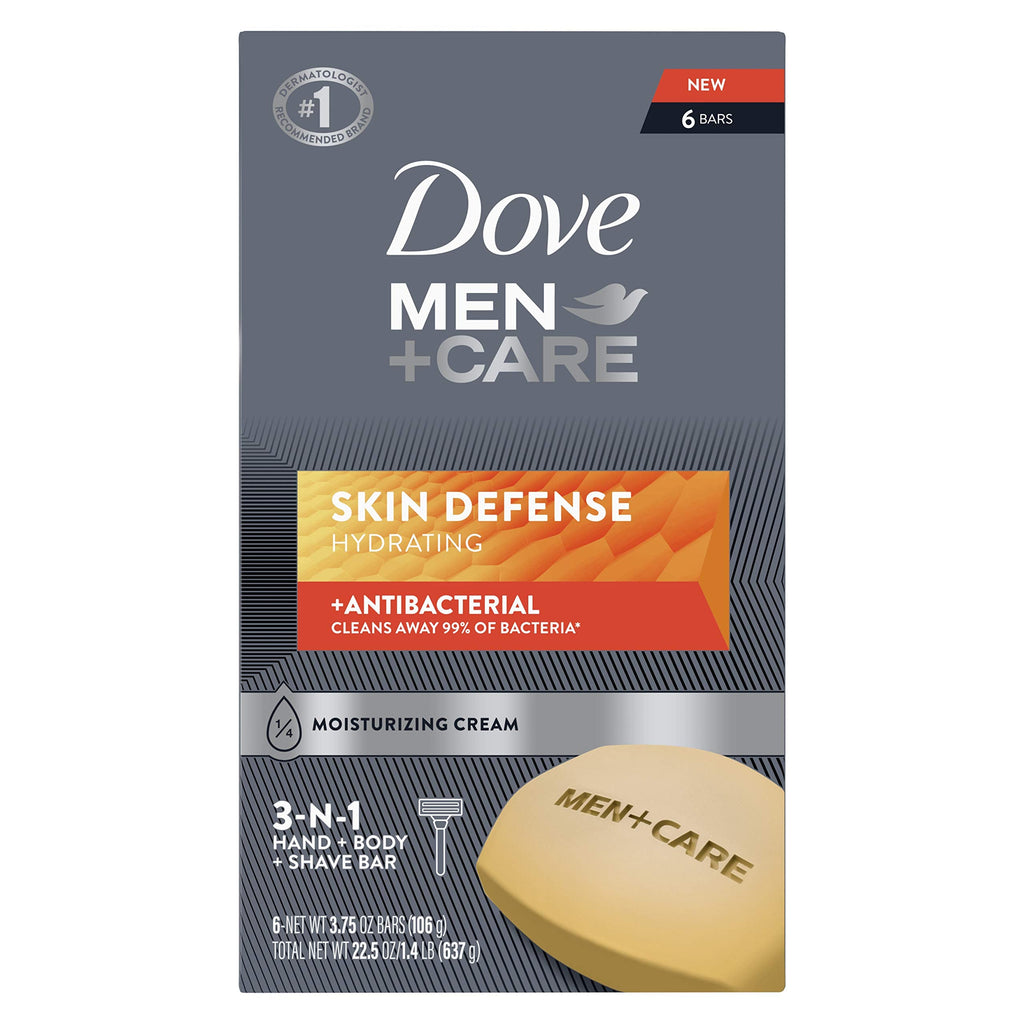 Dove Men+Care Skin Defense Soap Bar – 6 x 3.75 oz, 3-in-1 Hydrating Cleanser