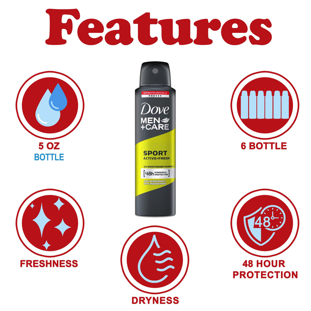 Dove Men+Care Sport Active+Fresh Antiperspirant Spray – 6 Pack, 48-Hour Odor Protection
