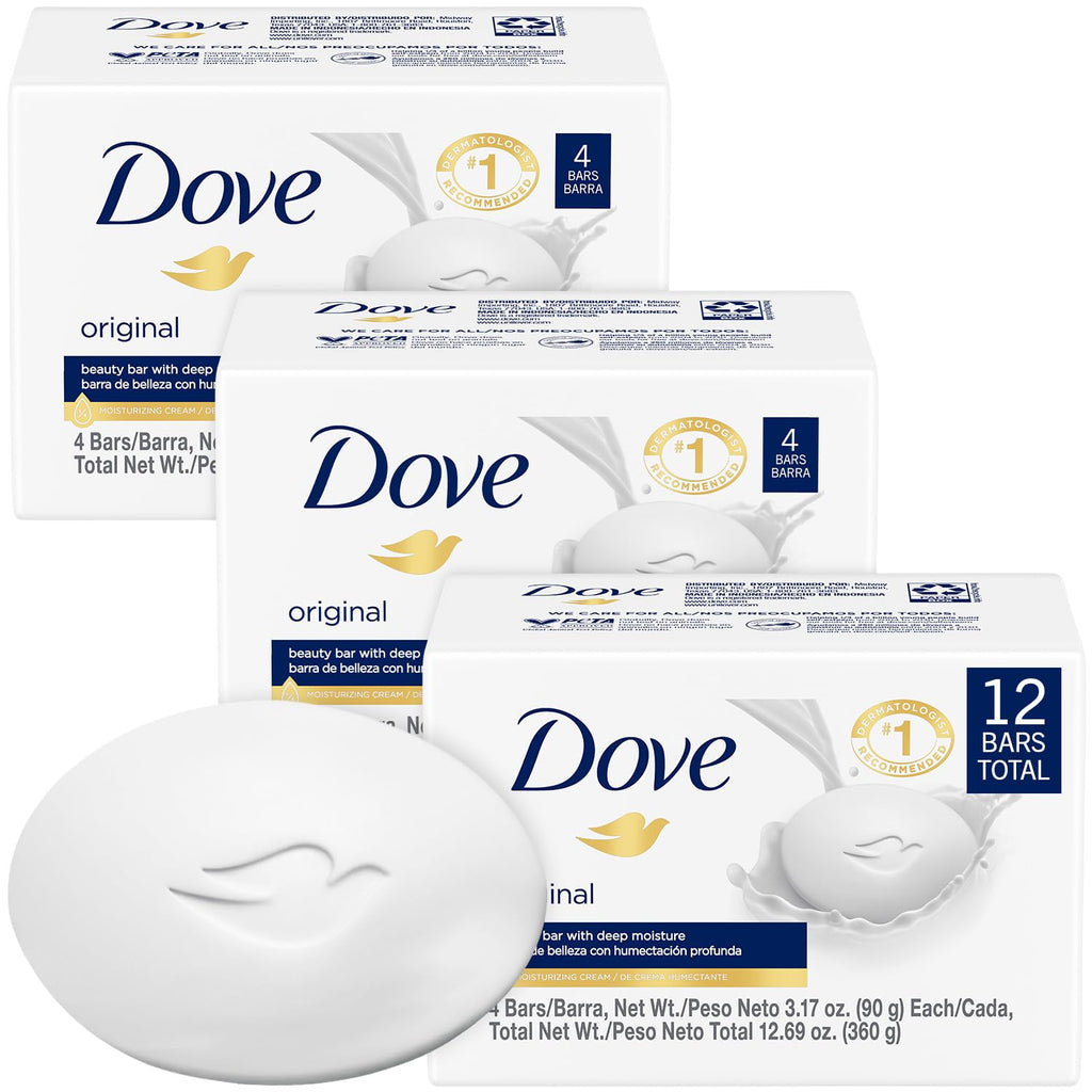Dove Original Beauty Bar 3-Pack – 12 Bars, 3-in-1 Moisturizing Soap for Face, Body & Hands