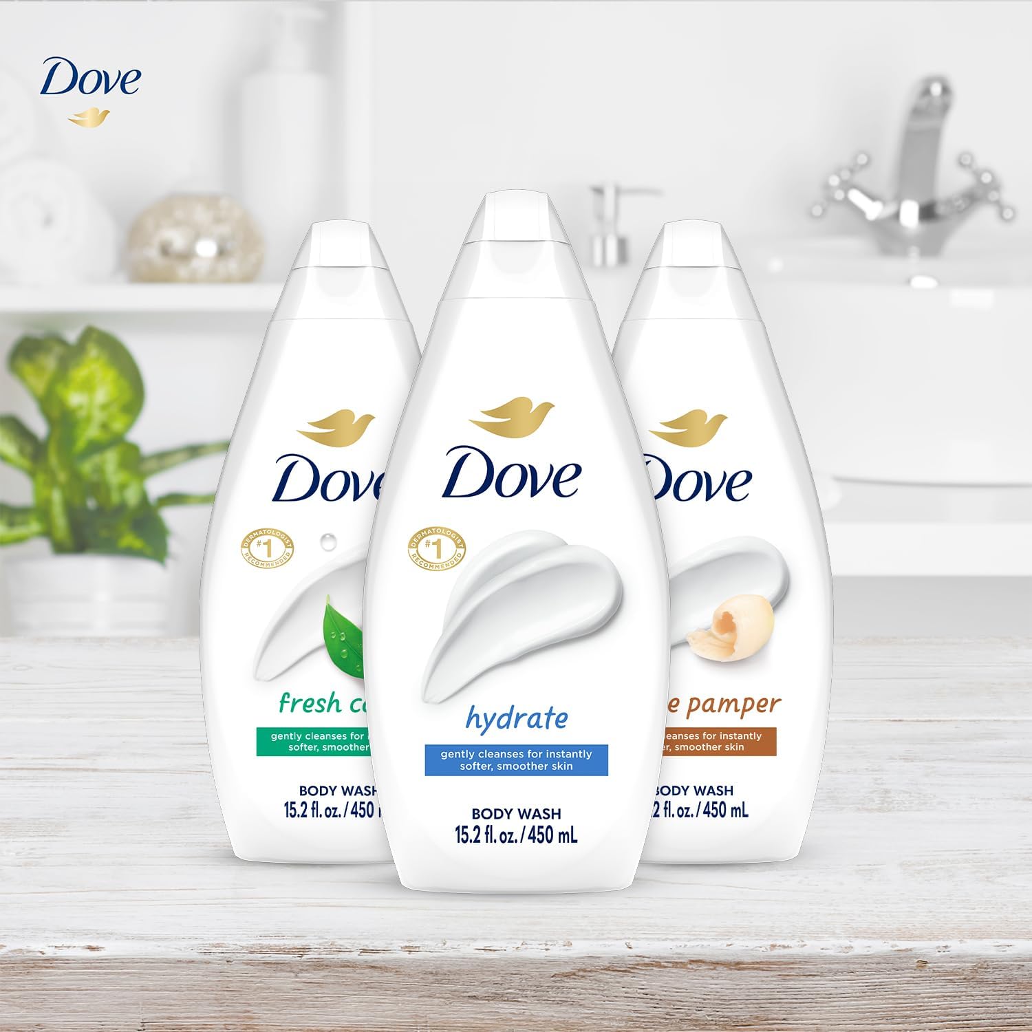 Dove Body Wash Variety 3-Pack – Hydrate, Gentle Pamper & Fresh Care (15.22 oz each)