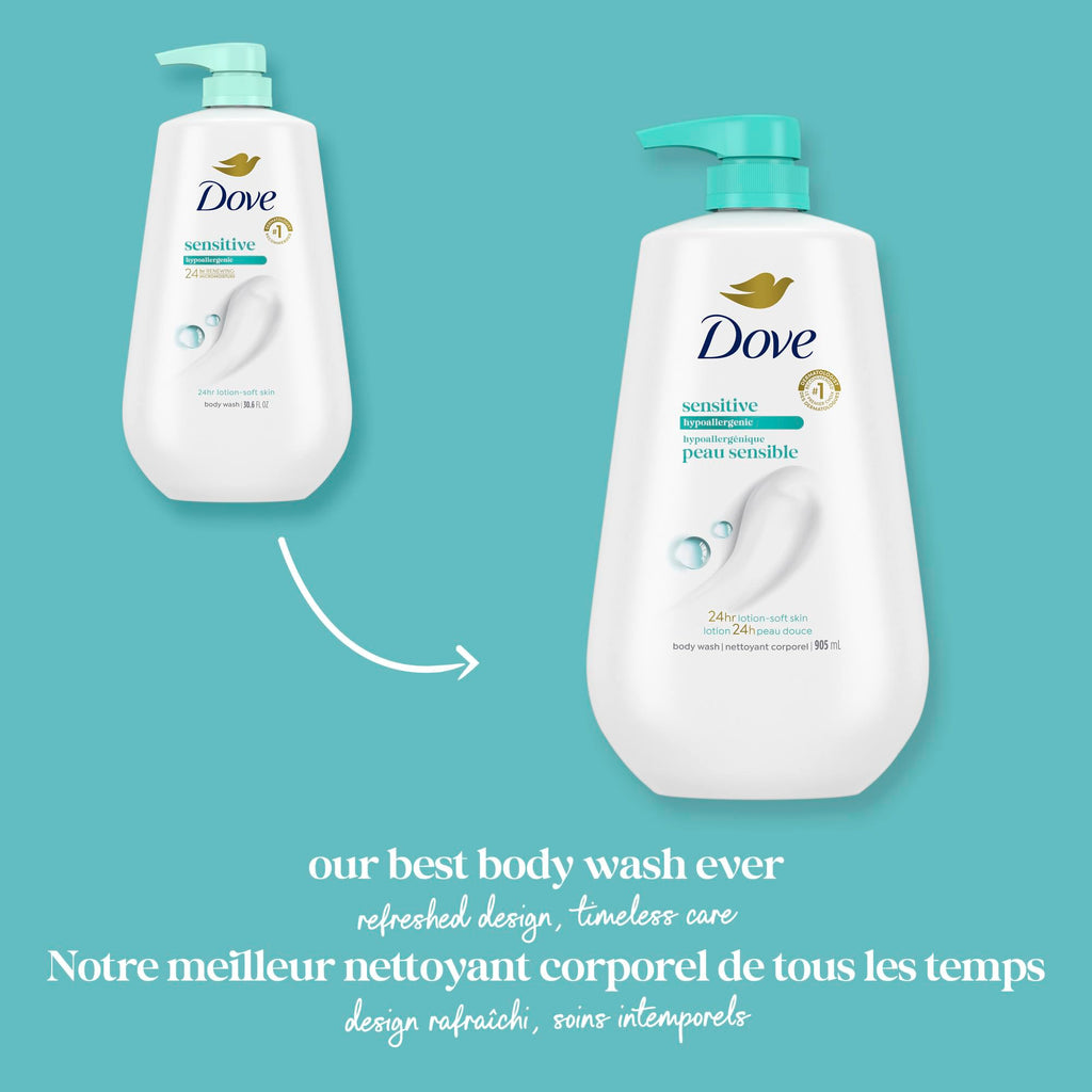 Dove Sensitive Skin Body Wash – Fragrance-Free, Sulfate-Free Hydration for Softer, Smoother Skin (Pack of 3, 34 fl oz each)